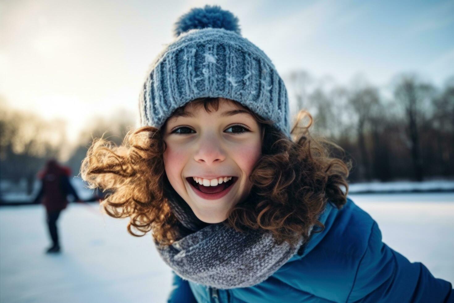 AI generated a young girl is hysterical and enjoying herself on ice rink with her family photo