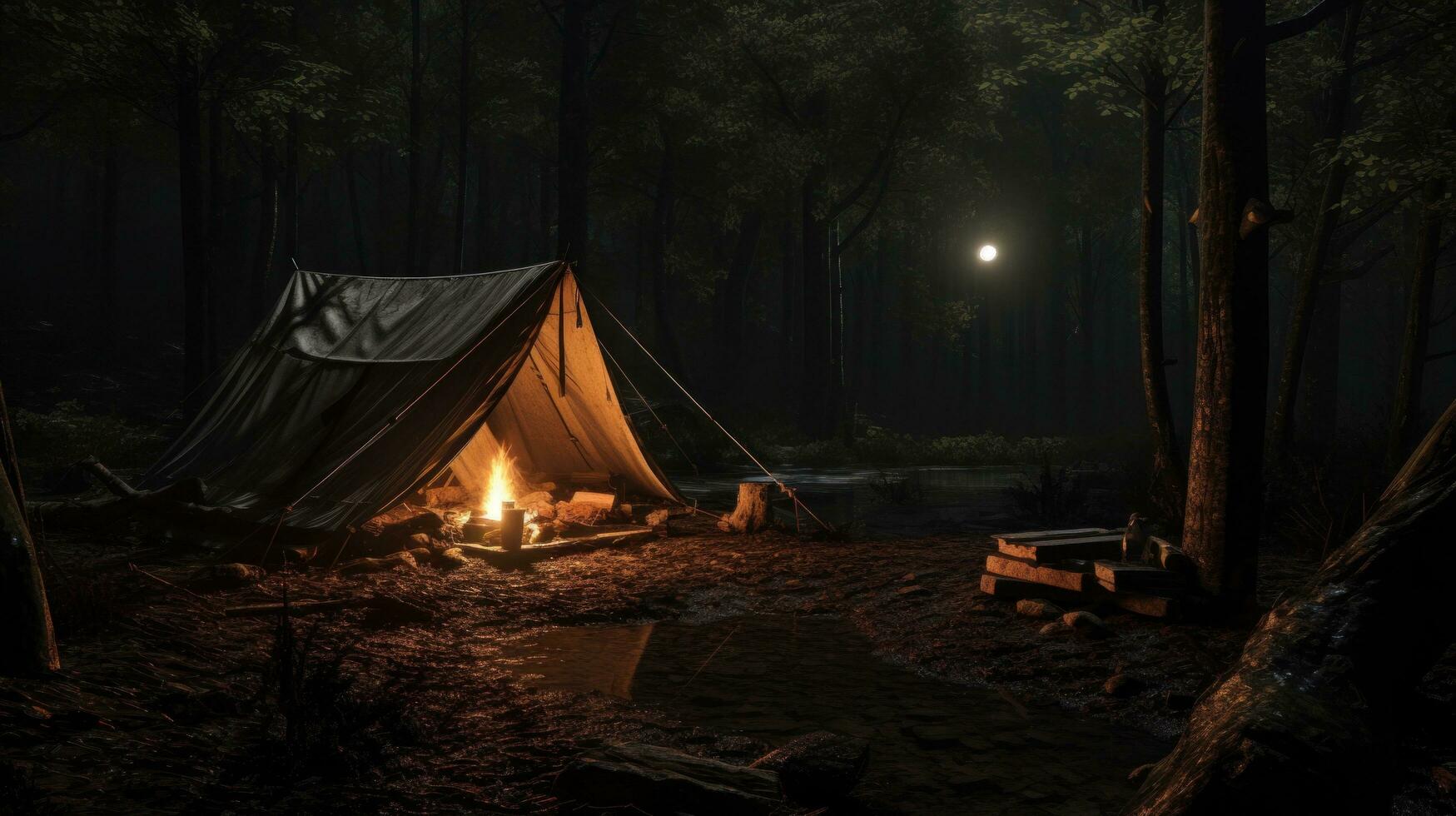 AI generated camping, solitary tent in the forest at nightstock photo