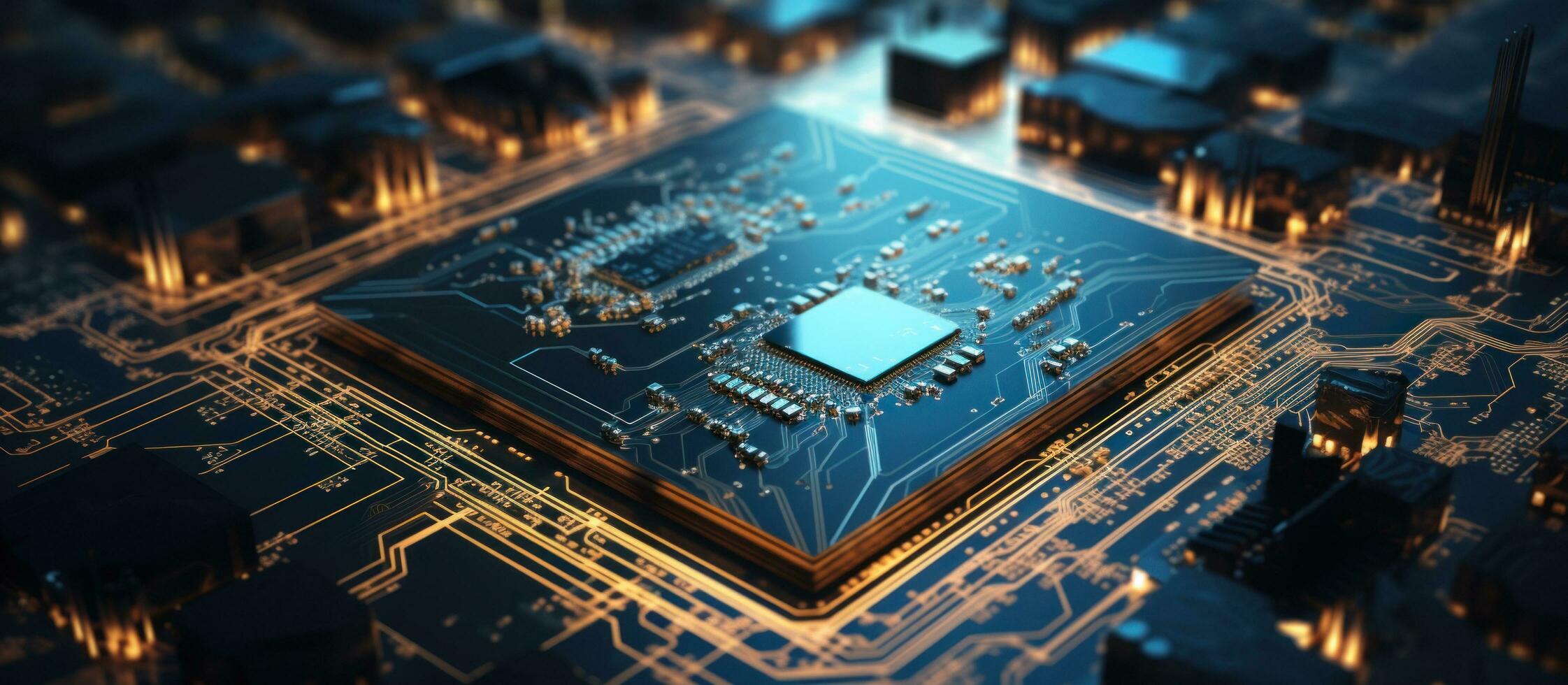 AI generated electronic circuit board with a world map in the dark photo