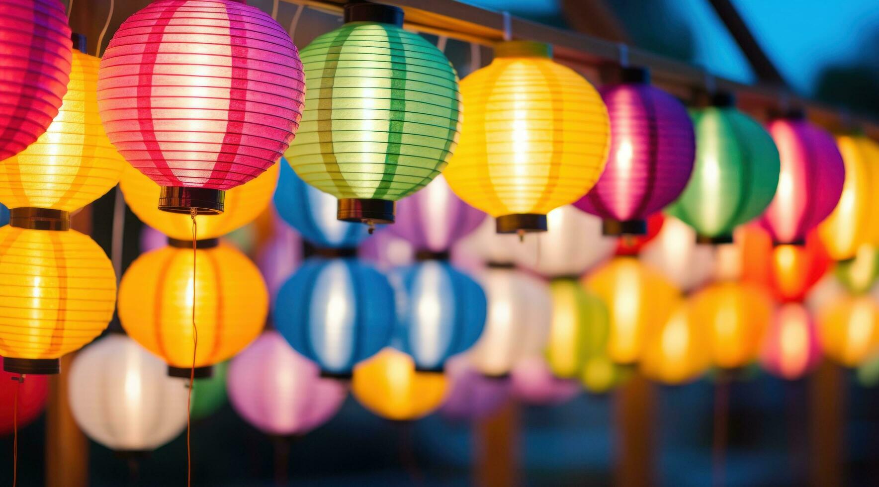 AI generated colorful paper lanterns hanged in trees photo