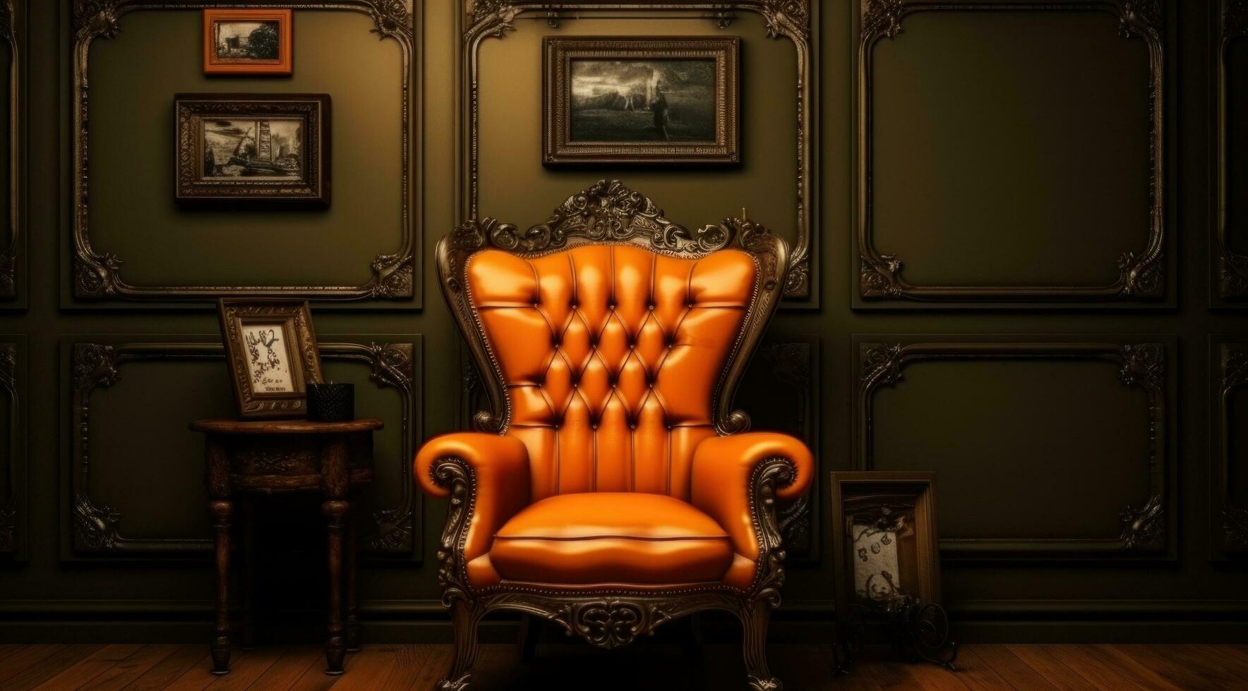 AI generated an orange leather chair and an orange frame near shabby chic wallpaper photo