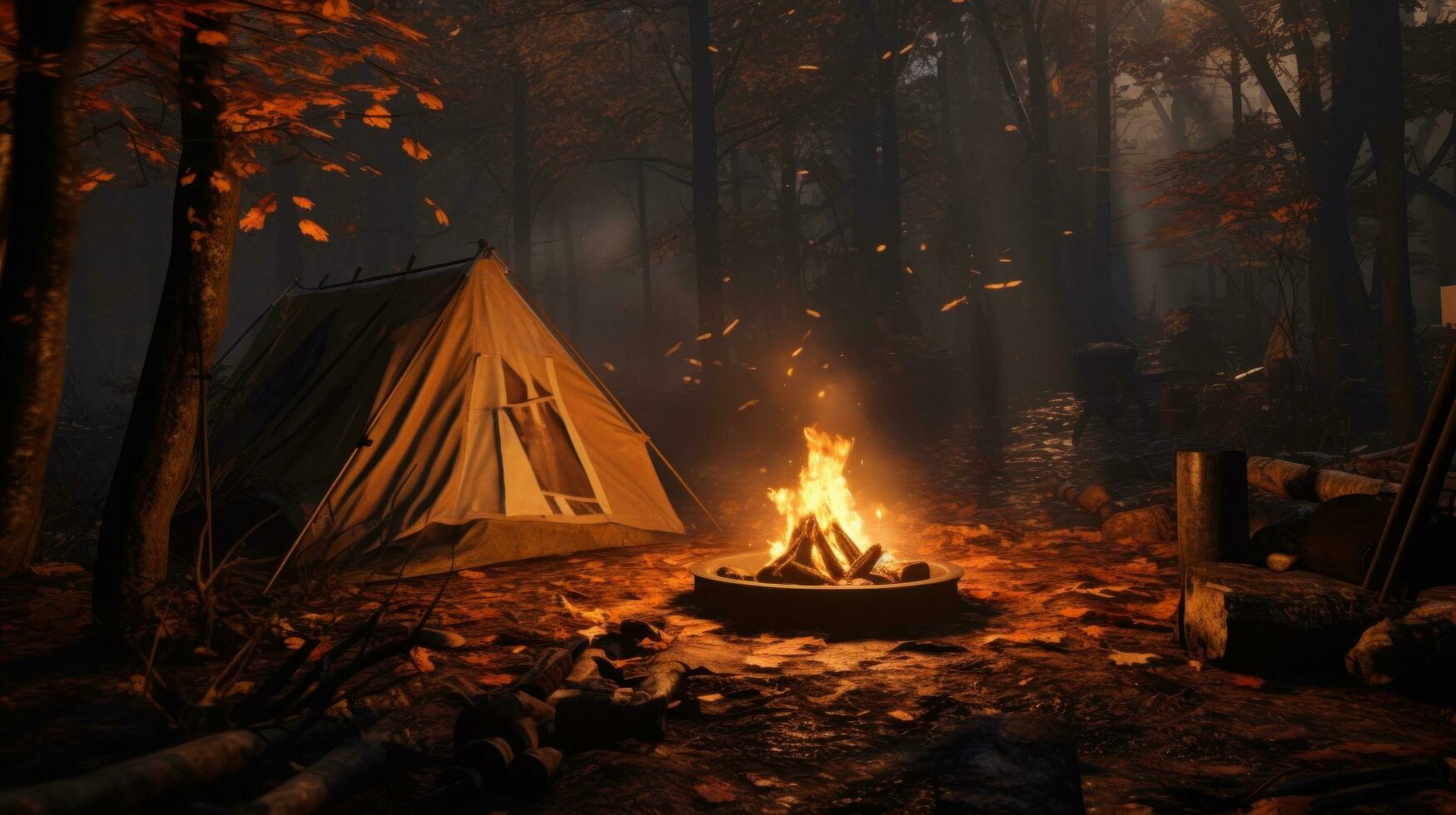 ai generado un tienda en el bosque con fuego y leña foto