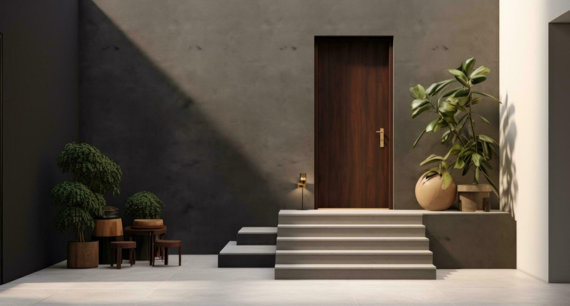 AI generated entryway of entrance door with plants photo