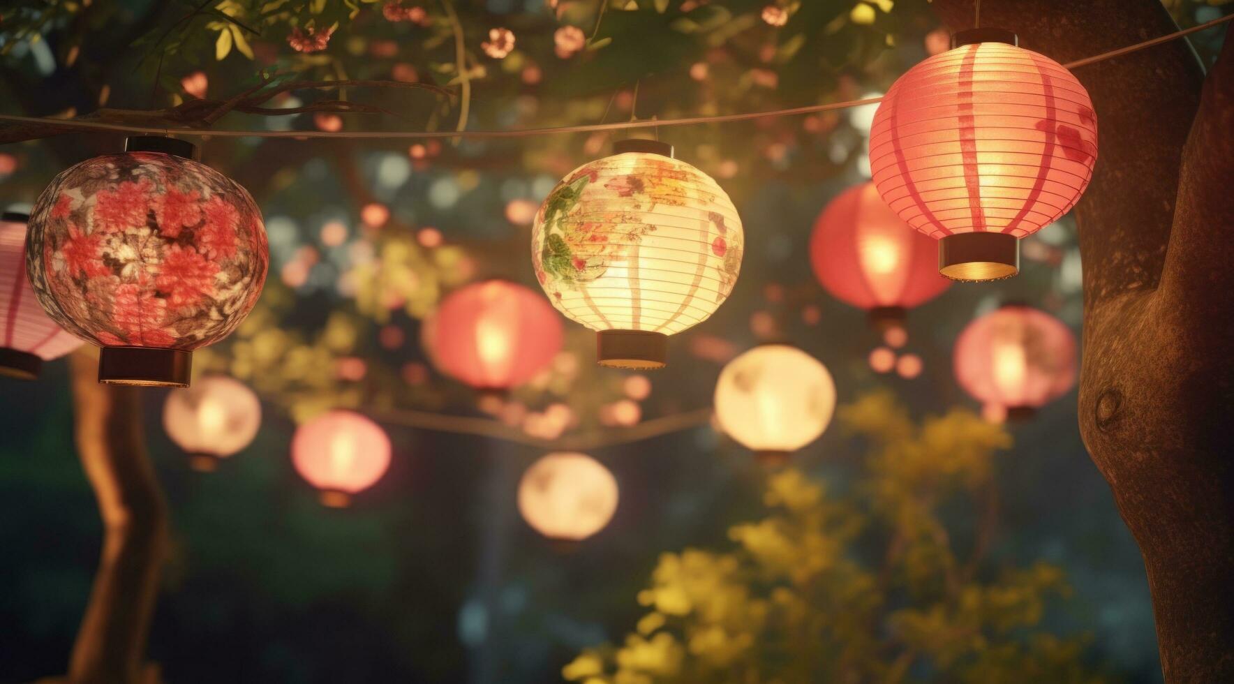 AI generated colorful paper lanterns hanged in trees photo