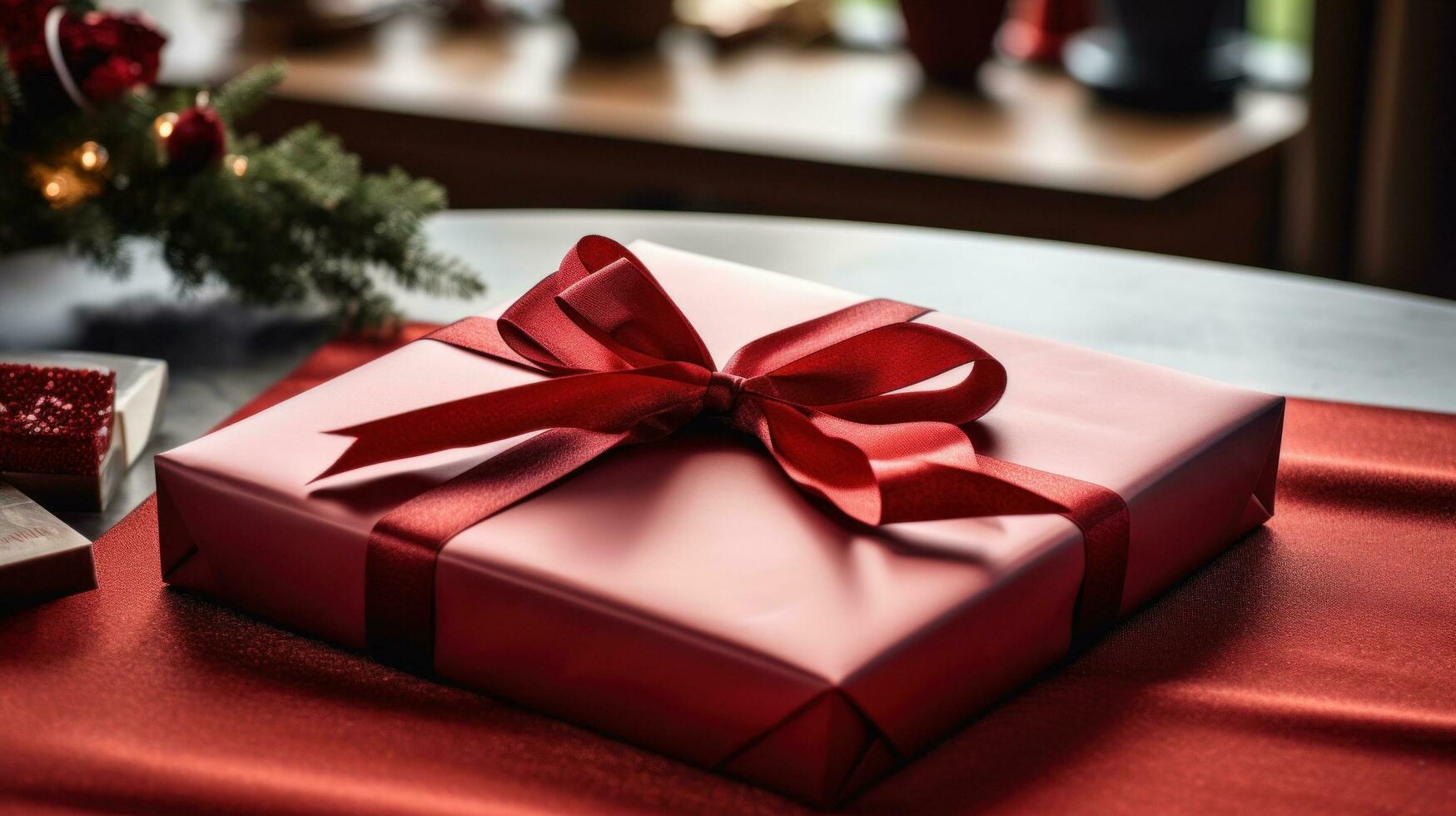 AI generated a hand opens a gift wrapping paper wrapped in red ribbon photo