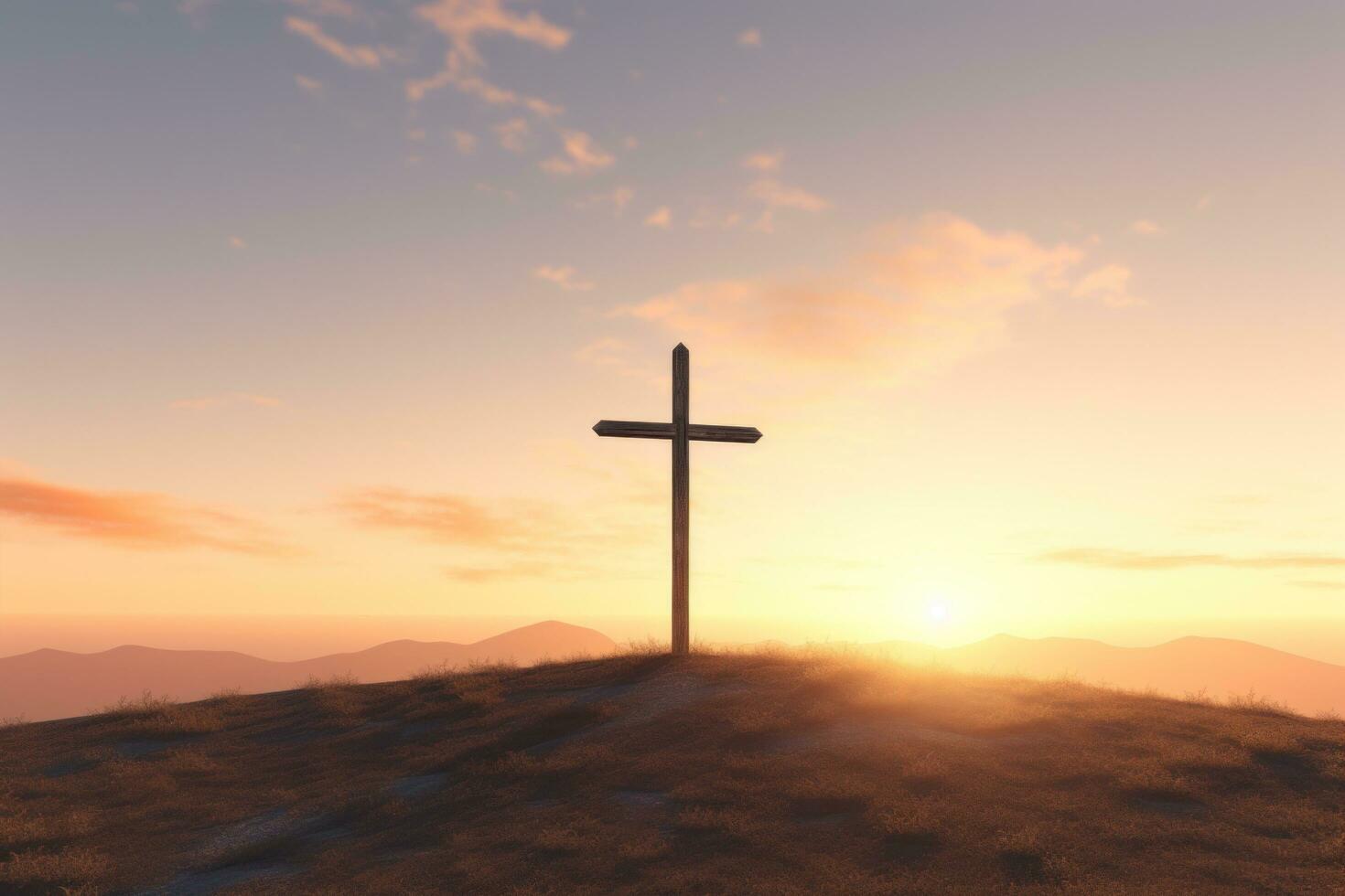 AI generated cross on land with sunset photo