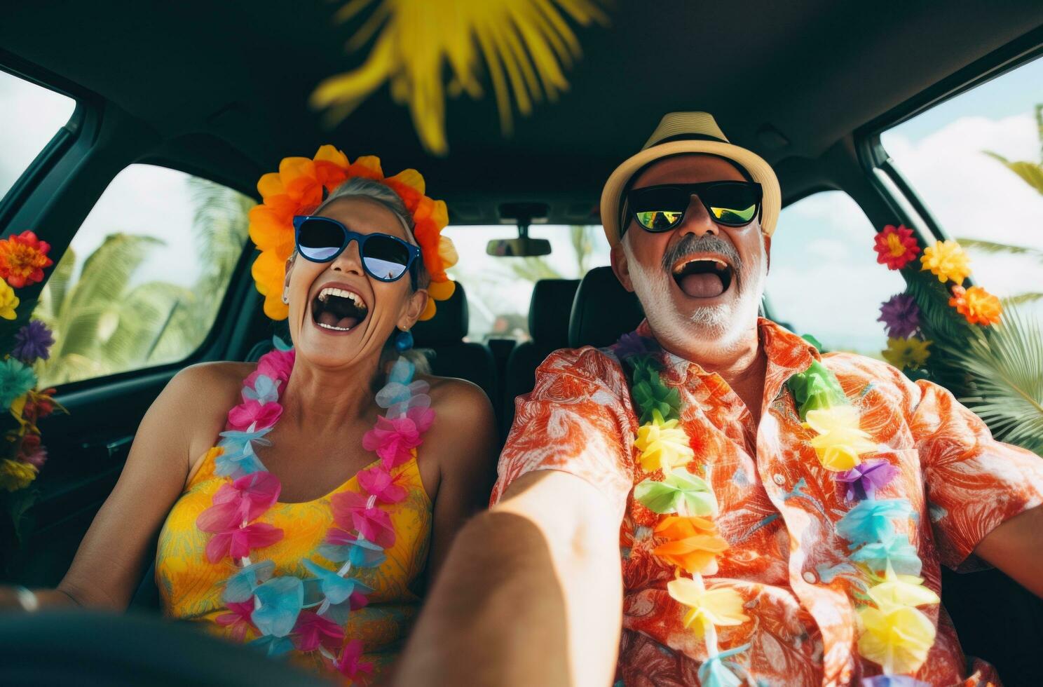 ai generado gracioso más viejo Pareja riendo en coche mientras vistiendo Gafas de sol foto