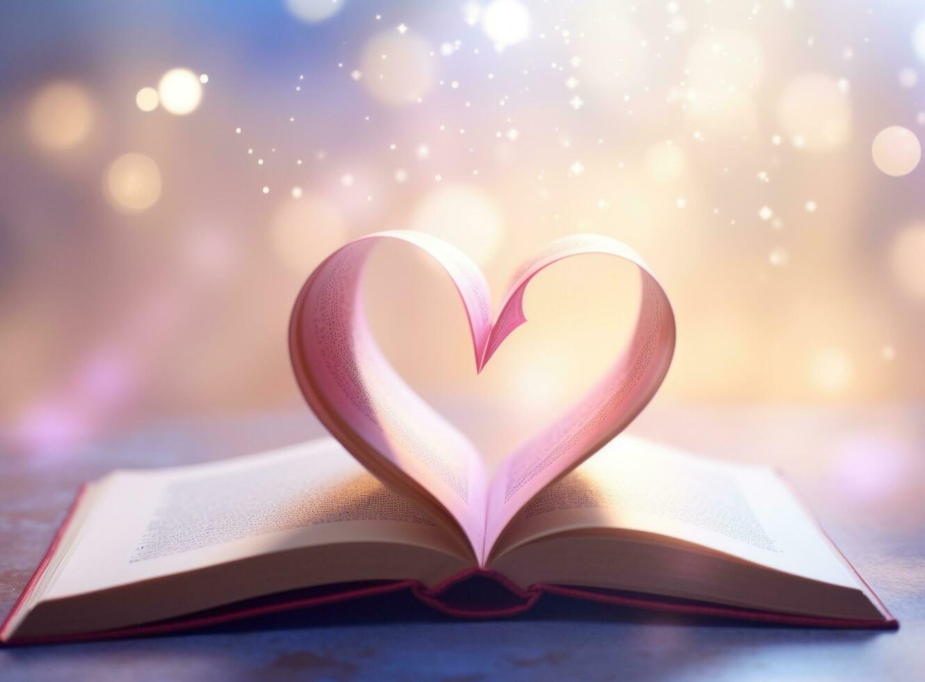 AI generated an open book shaped like a heart against the light of the background photo