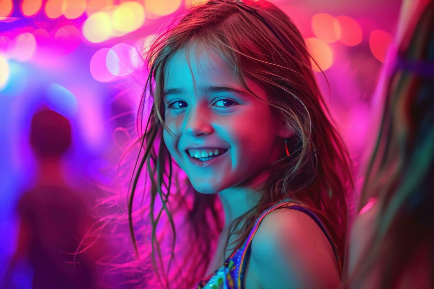 ai generado un joven niña sonriente mientras a un fiesta foto