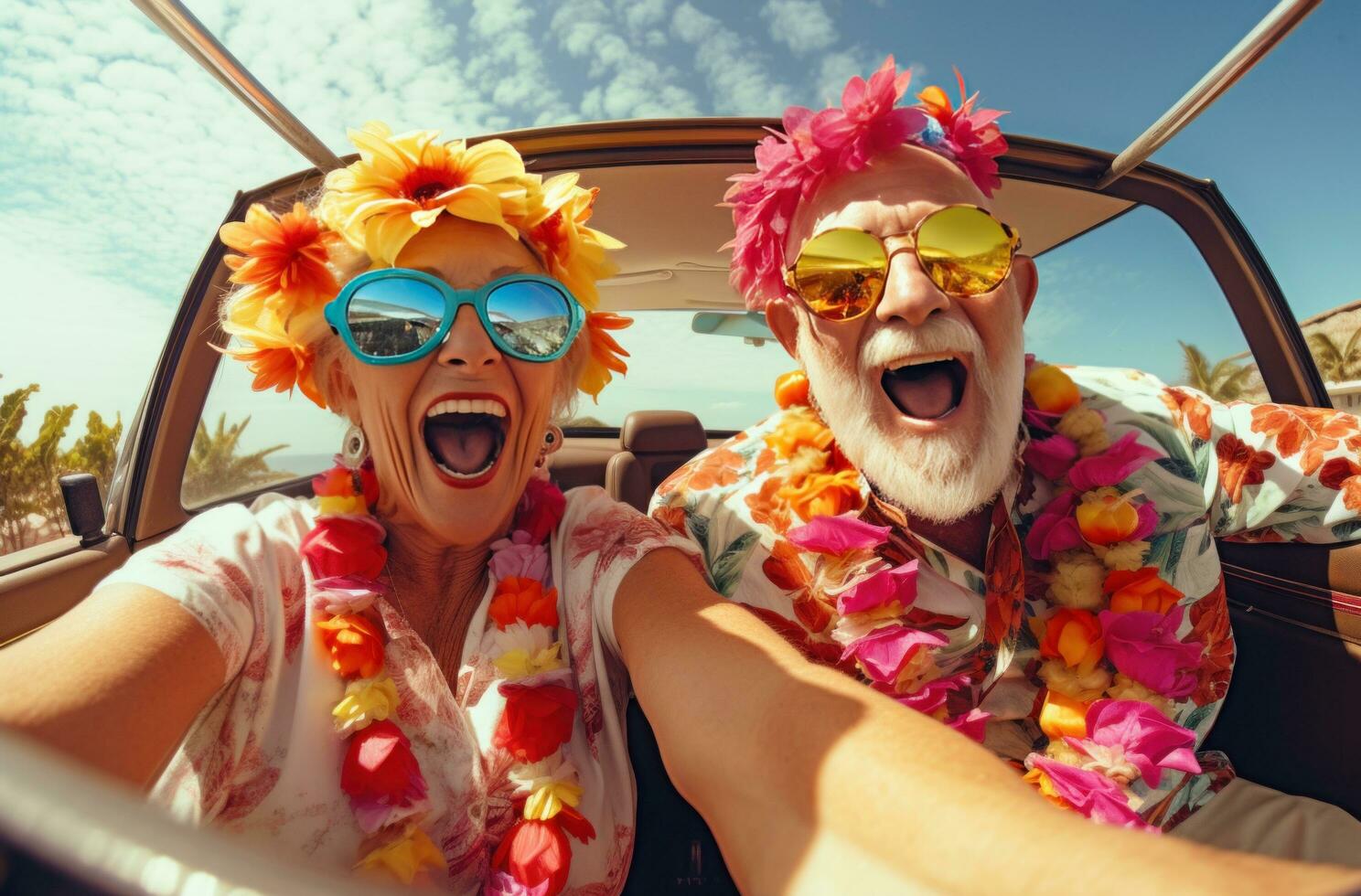 AI generated funny older couple laughing in car while wearing sunglasses photo