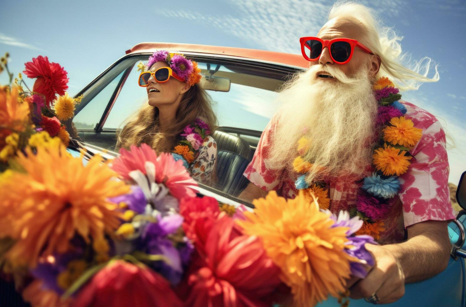 AI generated couple driving car with funny long beards over glasses and hula hulas man senior photo