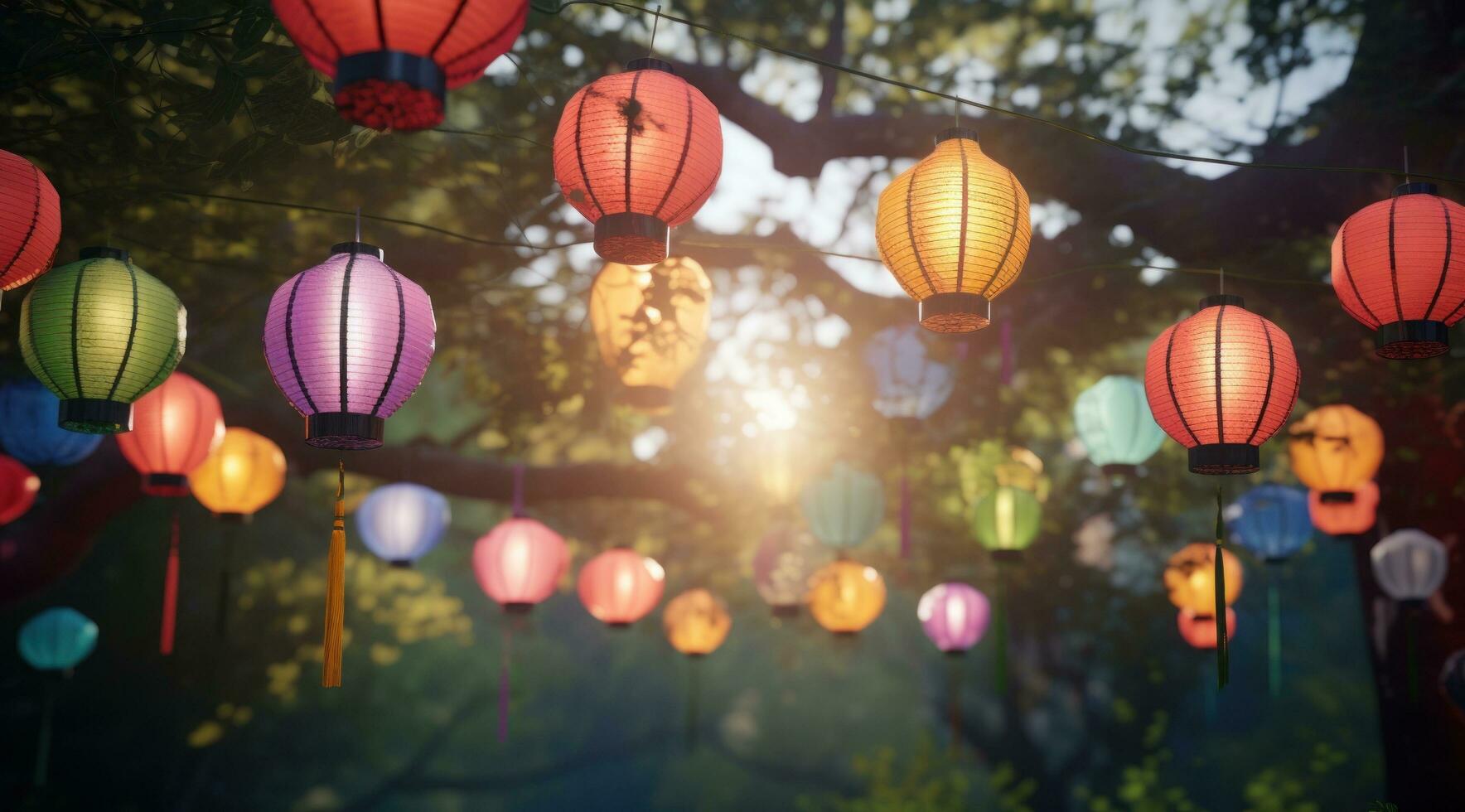 AI generated colorful paper lanterns hanged in trees photo