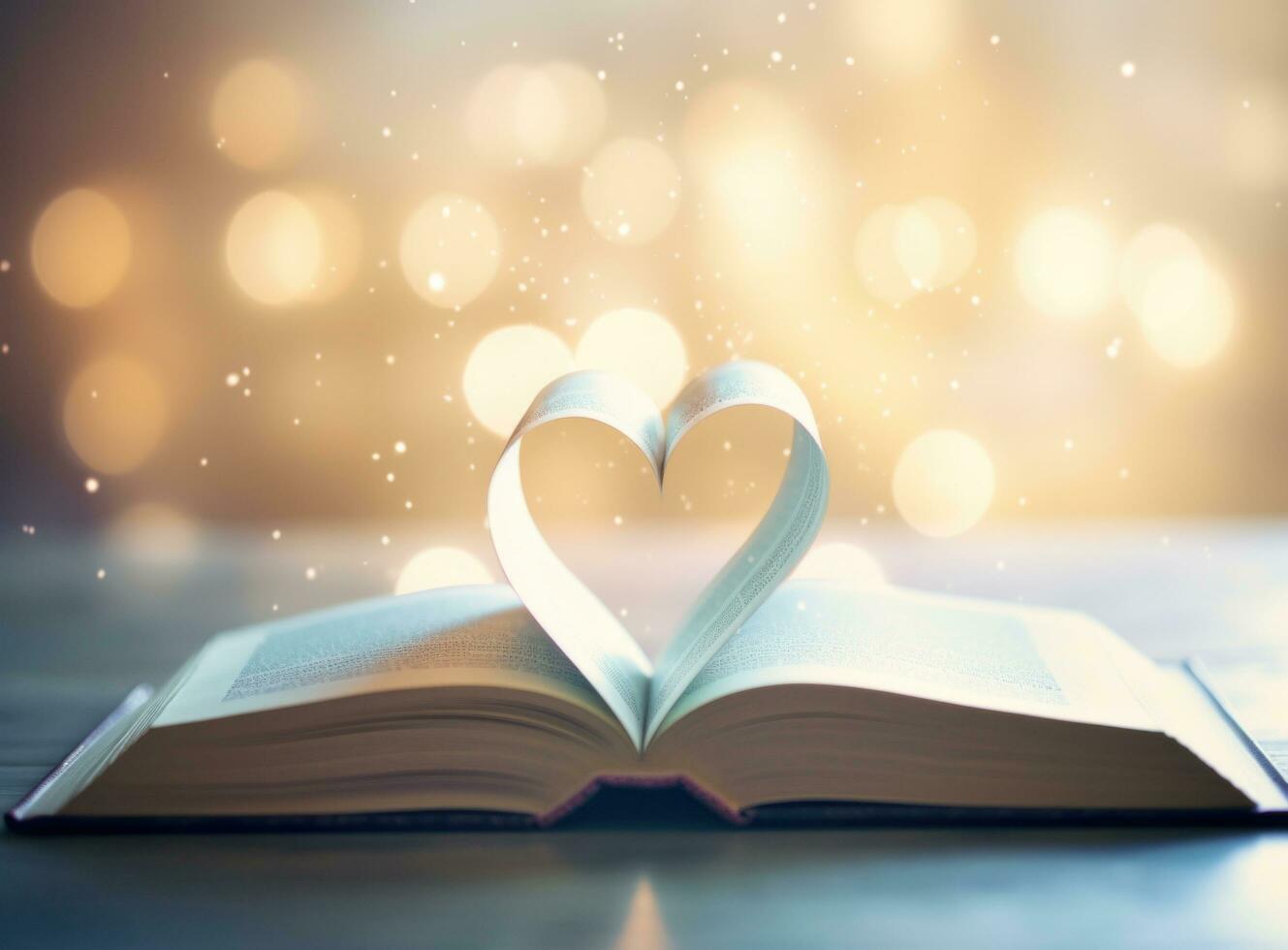 AI generated an open book shaped like a heart against the light of the background photo