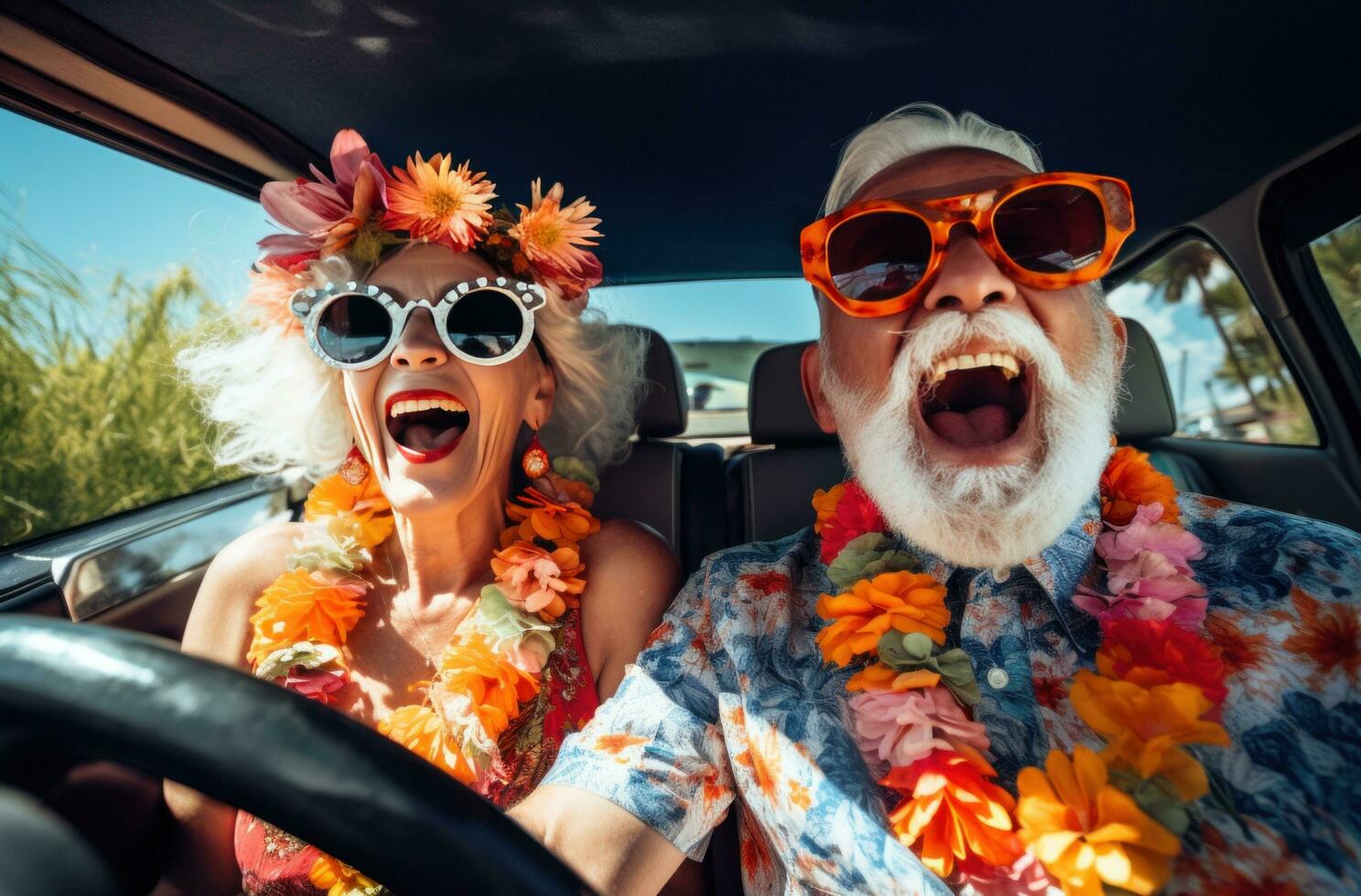 AI generated funny older couple laughing in car while wearing sunglasses photo