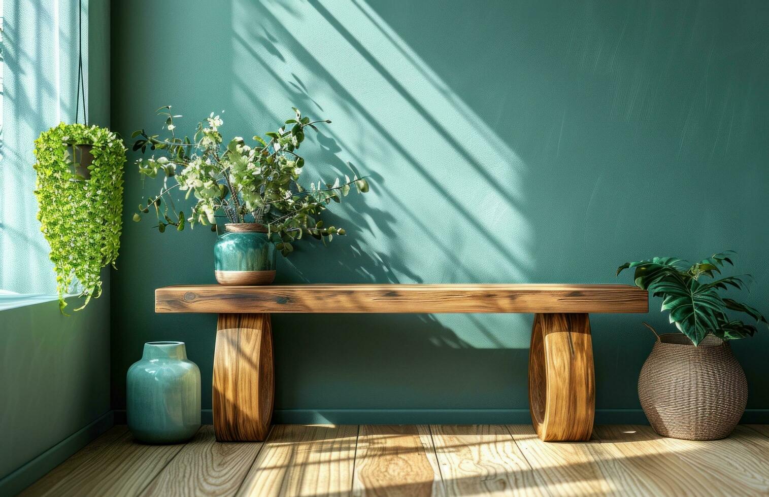 AI generated an enlivened living room with a wooden table and green walls photo
