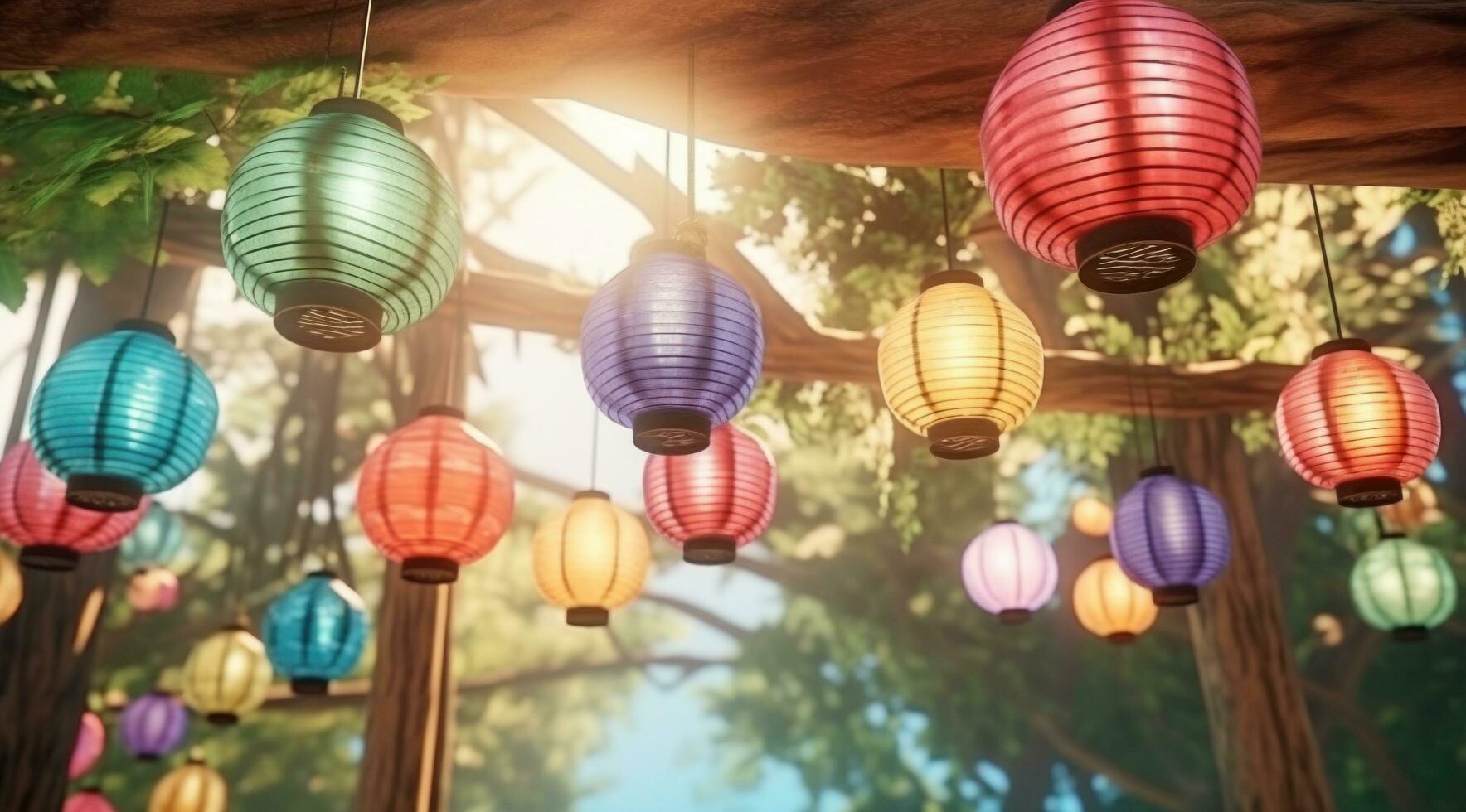 AI generated colorful paper lanterns hanged in trees photo