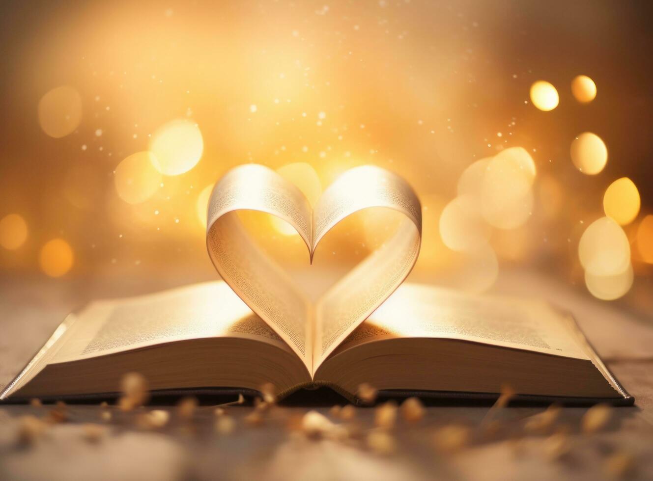 AI generated an open book shaped like a heart against the light of the background photo