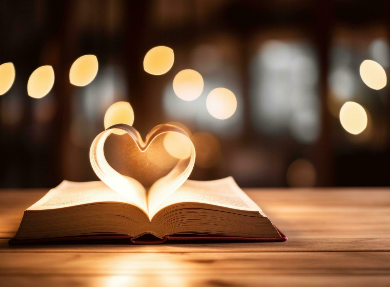 ai generado un alegre San Valentín día libro con corazón forma en el medio en parte superior de un de madera mesa foto