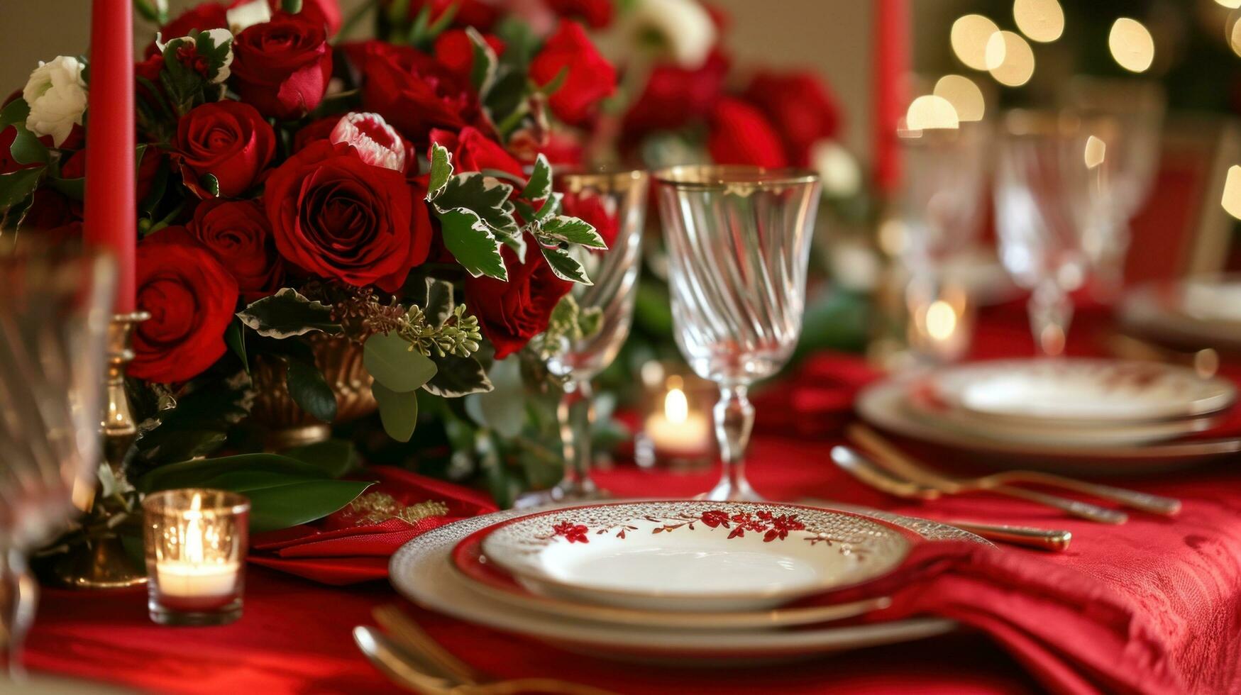 AI generated Red linens, elegant dinnerware, and romantic candlelight photo