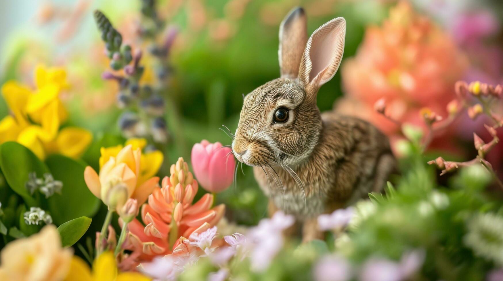AI generated Adorable Rabbit Figurines Amidst Fresh Spring Flower Arrangements photo