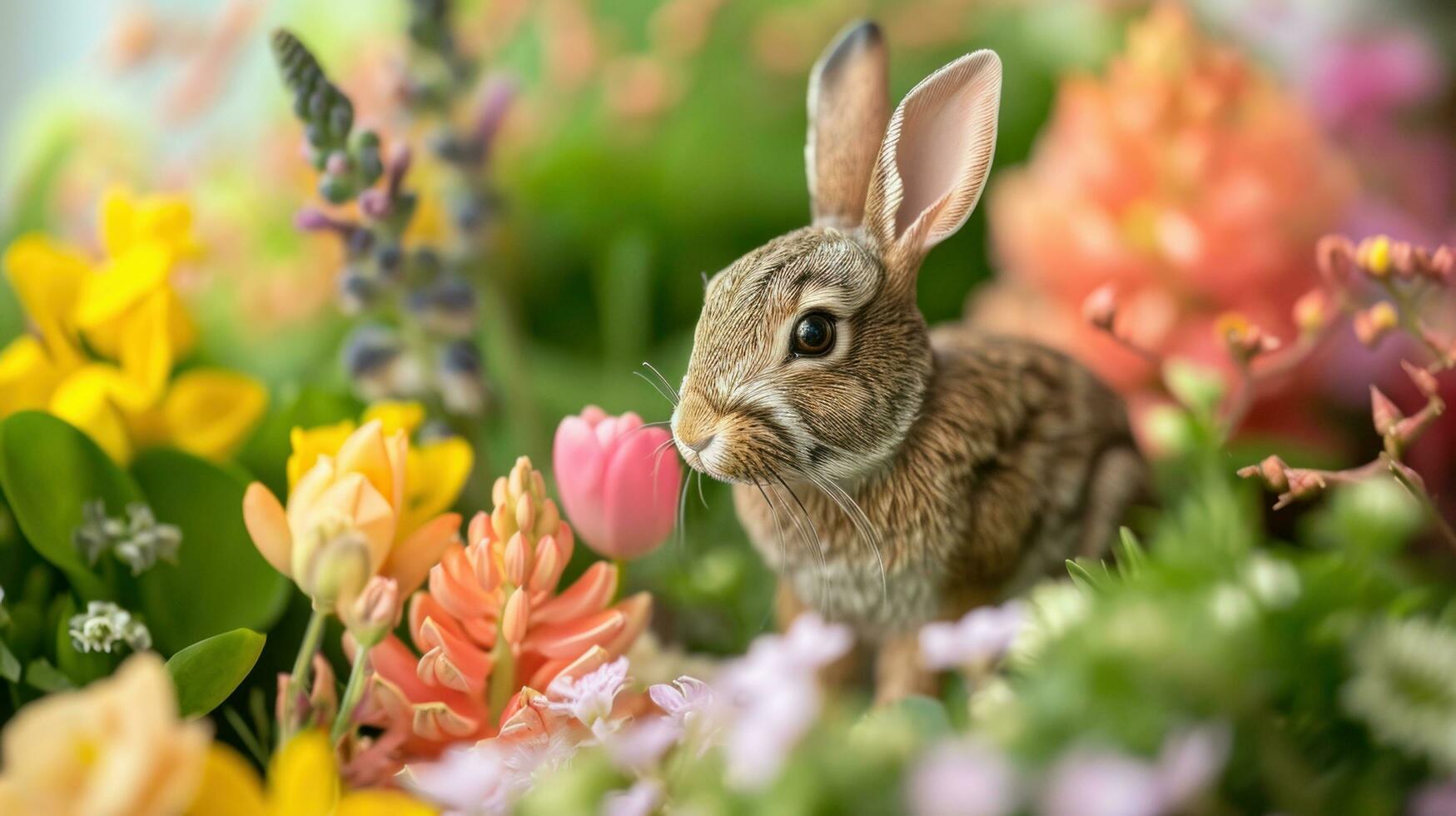 ai generado adorable Conejo estatuillas en medio de Fresco primavera flor preparativos foto