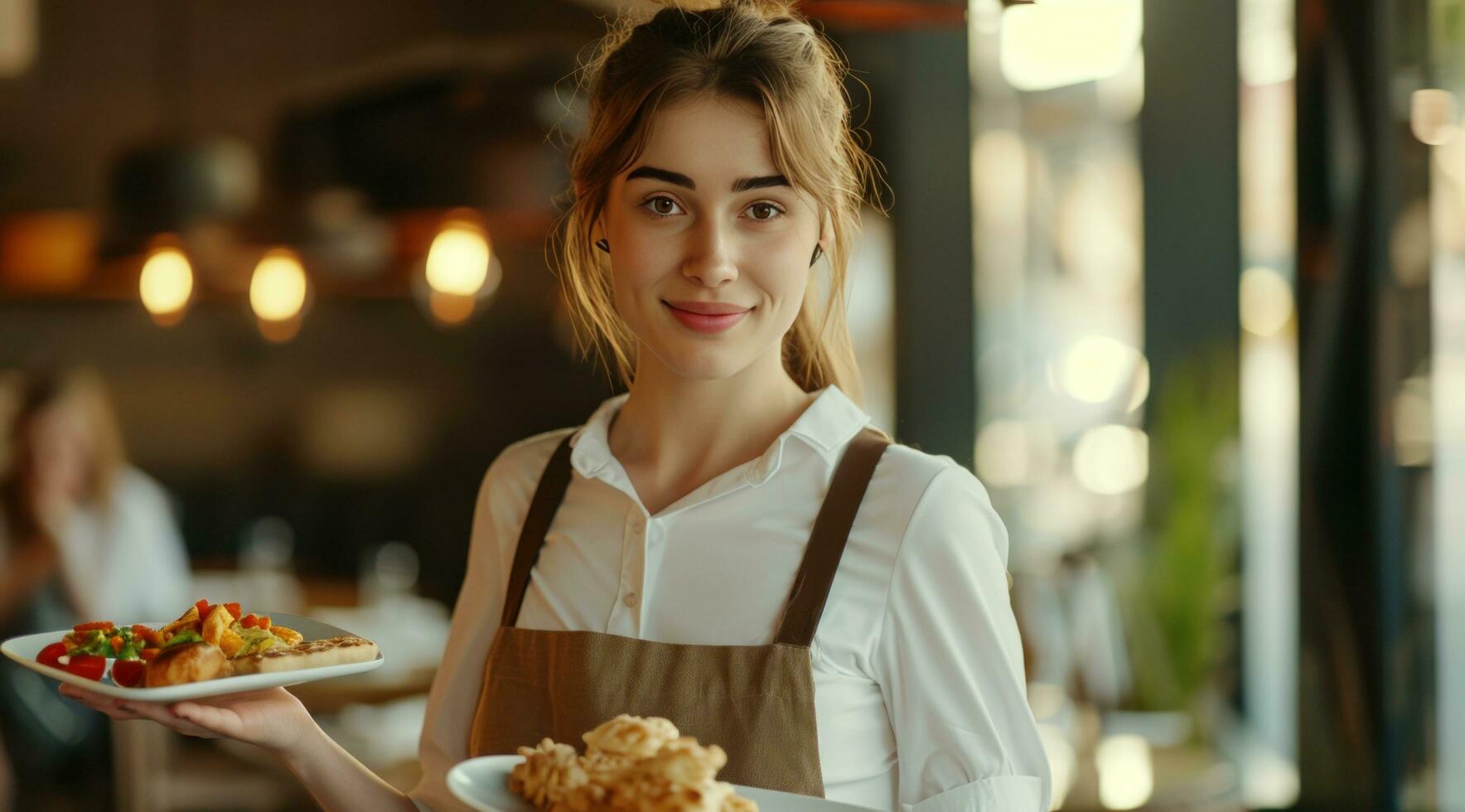 AI generated a beautiful waitress in full uniform in a white top bringing food photo