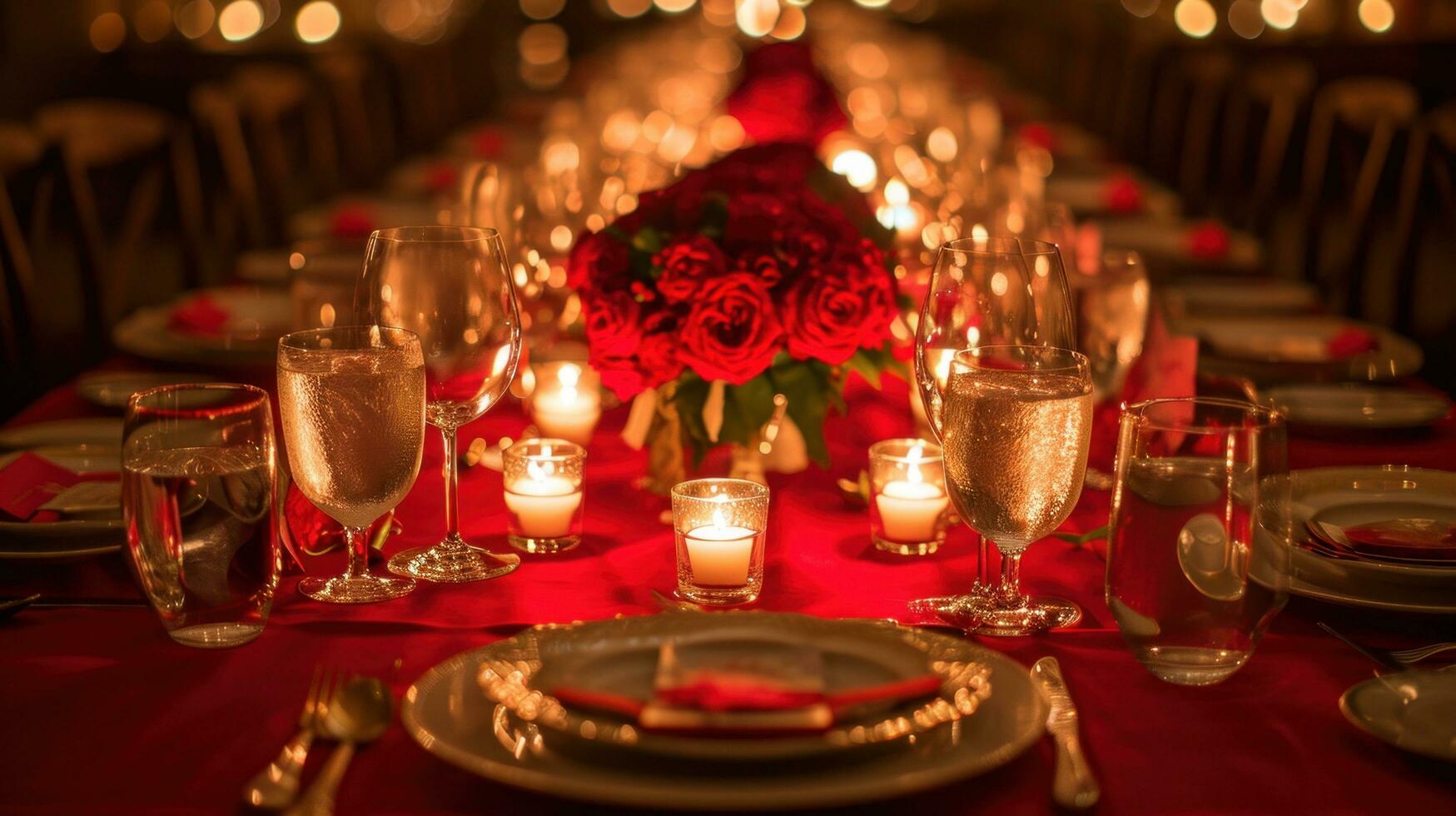 AI generated Red linens, elegant dinnerware, and romantic candlelight photo