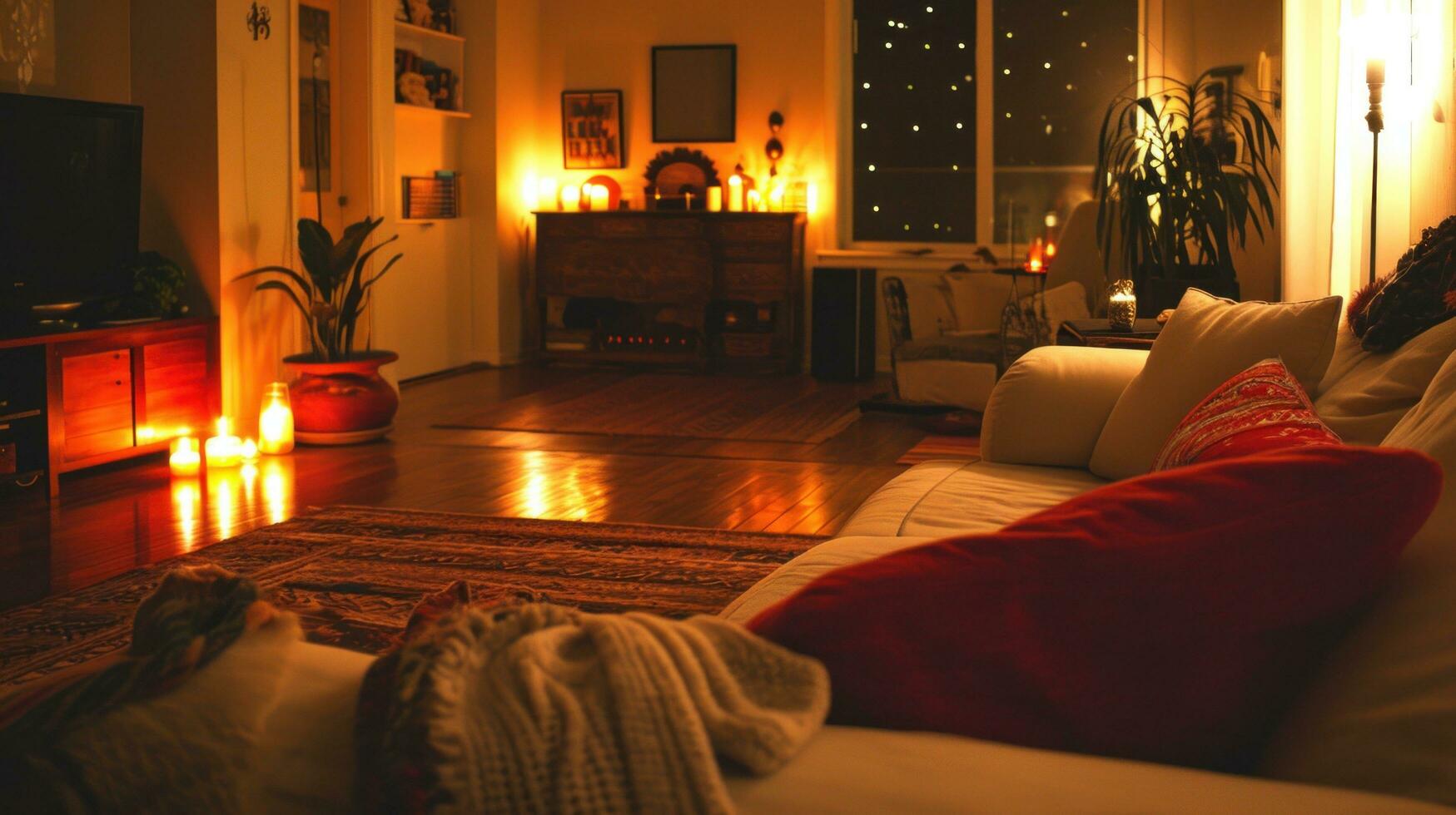 AI generated Cozy Blankets, Red Pillows, and Candlelight Glow photo