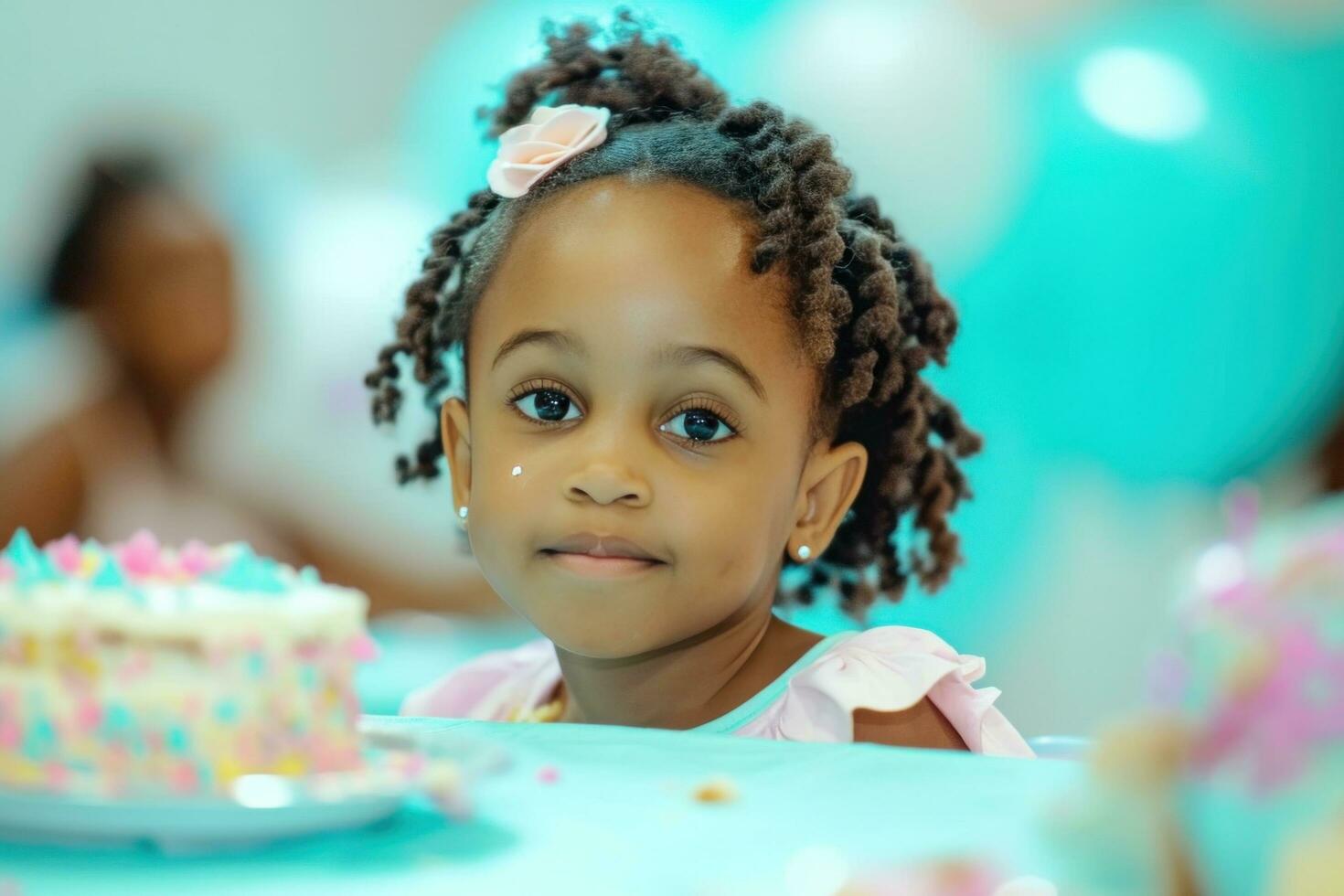 AI generated a little girl is sitting at a party table with a cake in her hand photo