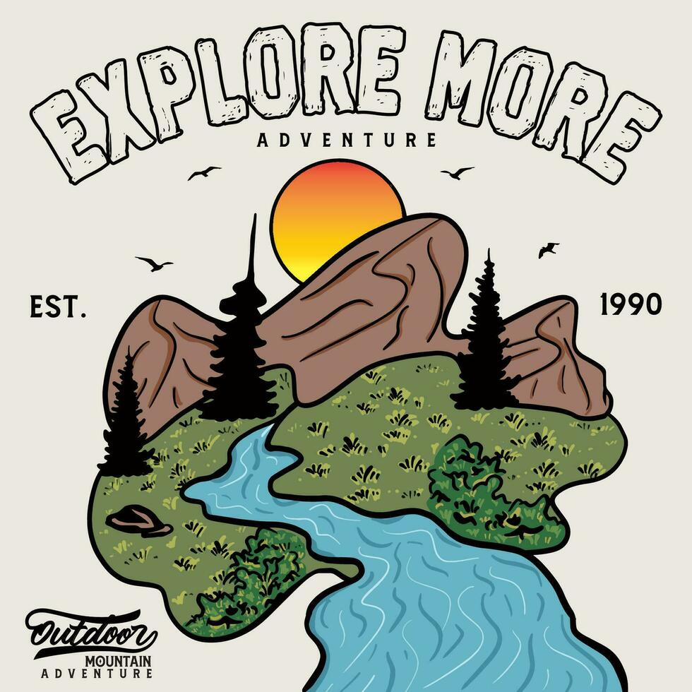 montaña explorar más. aventuras Clásico impresión. montaña lago gráfico obra de arte el genial al aire libre. retro impresión diseño al aire libre a el montaña. vector