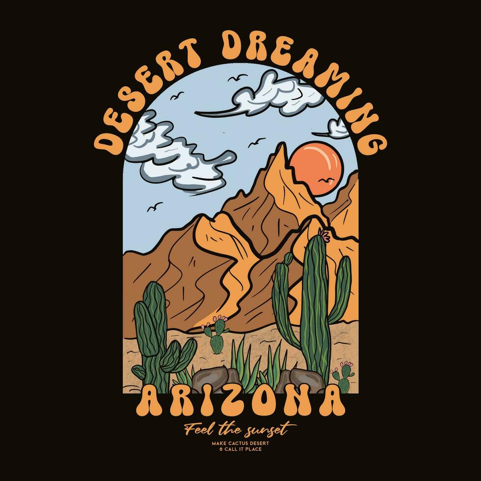 Desierto soñando aventuras Clásico impresión diseño para t camisa y otros. Arizona nacional parque gráfico obra de arte para pegatina, póster, antecedentes. montaña con cactus flor obra de arte vector