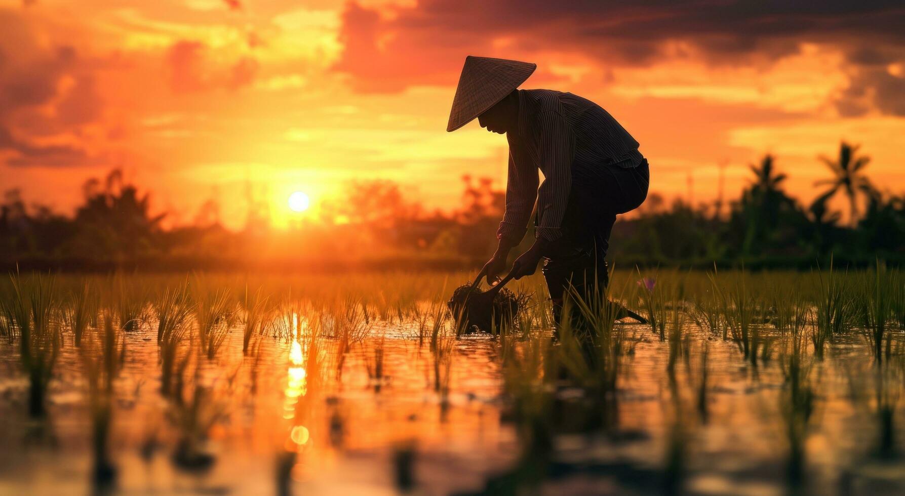 AI generated a man in a hat is plowing the rice field at sunset photo