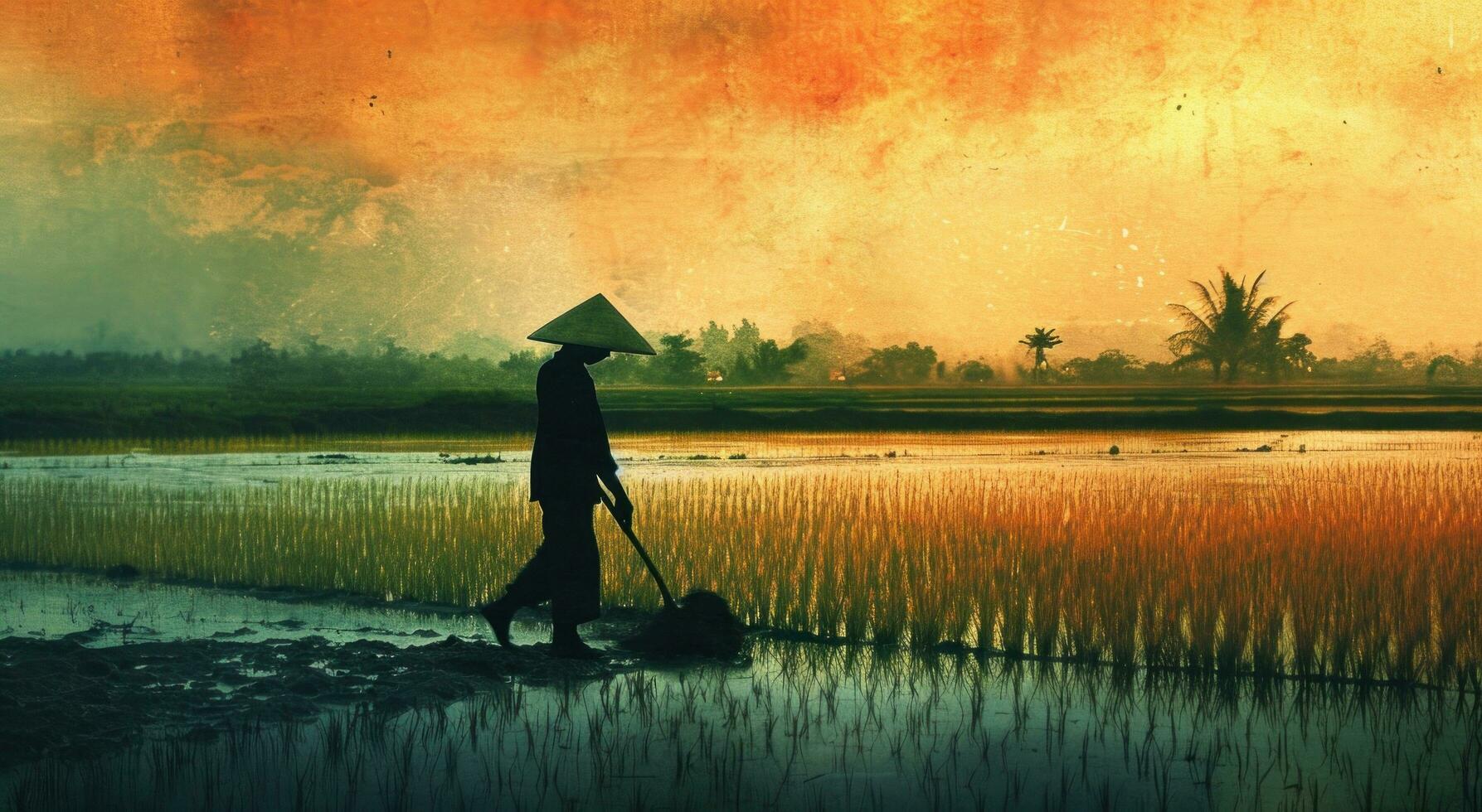 AI generated a man in a hat is plowing the rice field at sunset photo