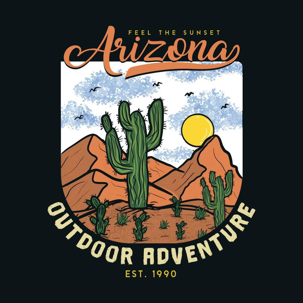 Arizona Desert Dreaming adventure vintage print design for t shirt and others. Arizona national park graphic artwork for sticker, poster, background. Mountain with cactus. vector