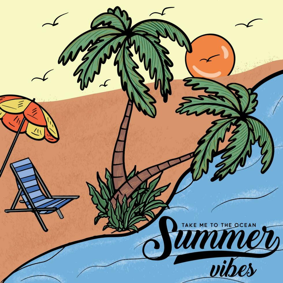 Summer Vibes. Sunset Beach Wave Beach Summer Surfing Paradise. California summer holiday style with waves surfing palms. For t-shirt prints, posters, and other uses. vector