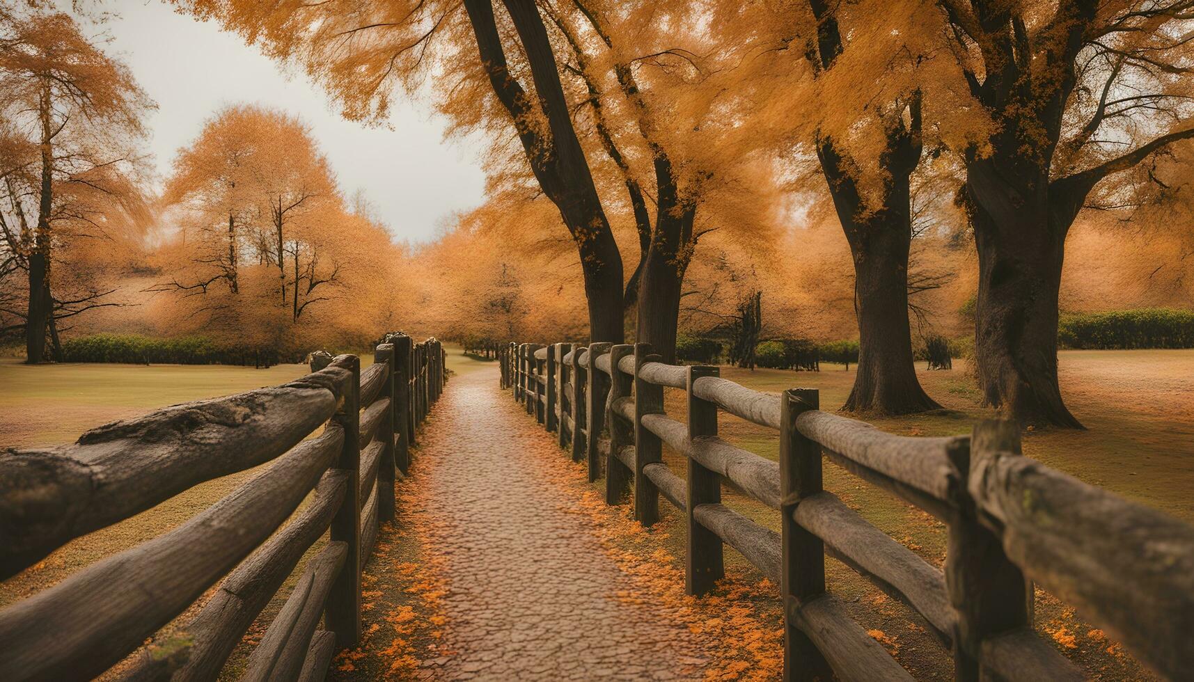 AI generated a wooden fence is surrounded by trees in the fall photo