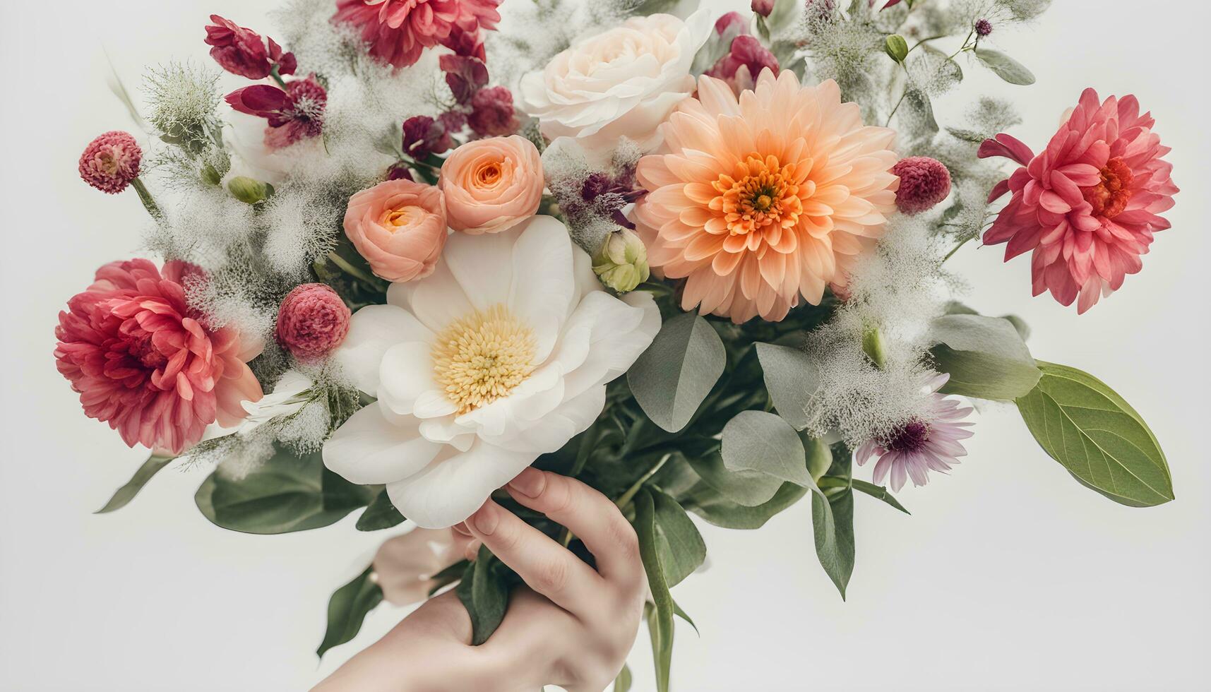 ai generado un mujer mano participación un ramo de flores de flores foto