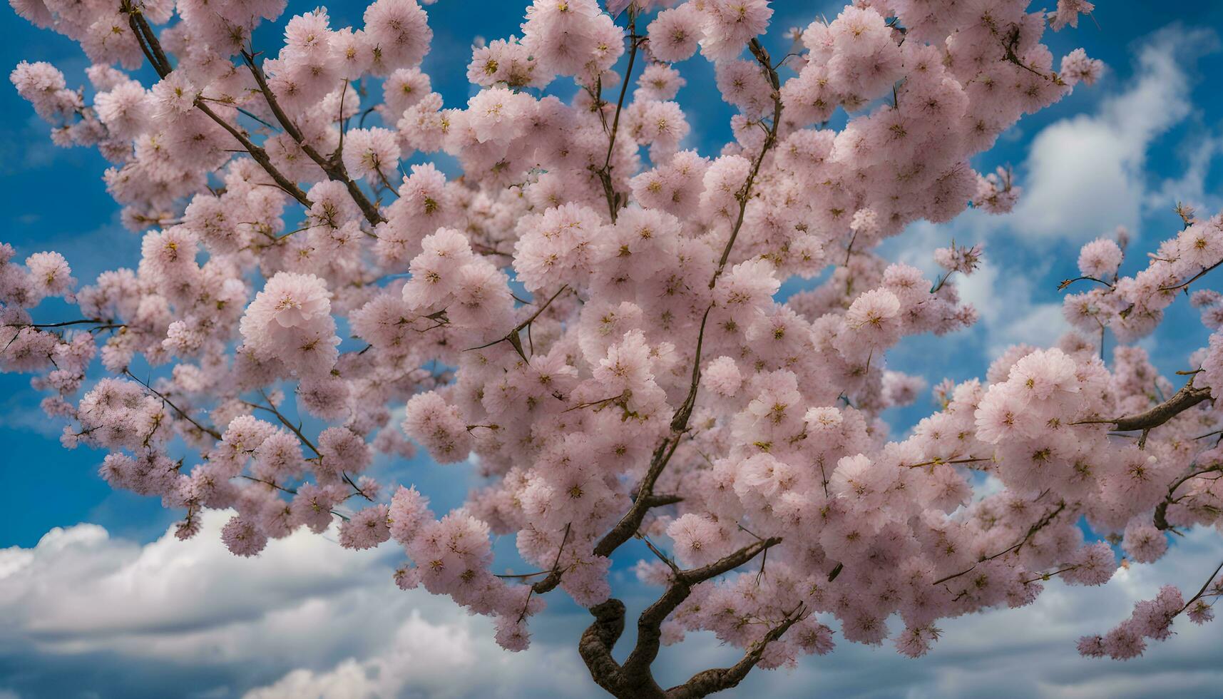 ai generado un árbol con rosado flores en frente de un azul cielo foto
