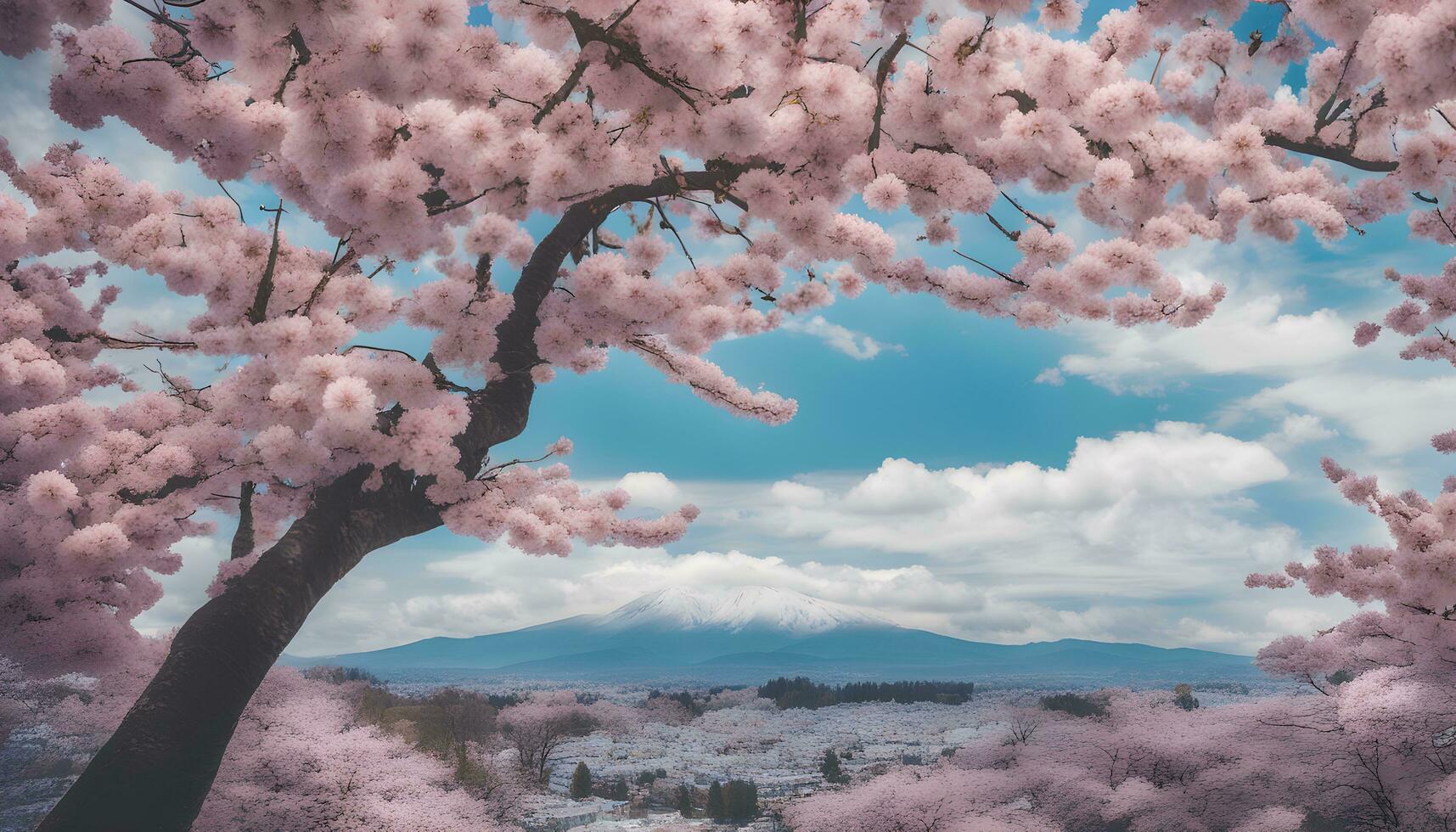 AI generated the cherry blossoms are blooming in front of a mountain photo