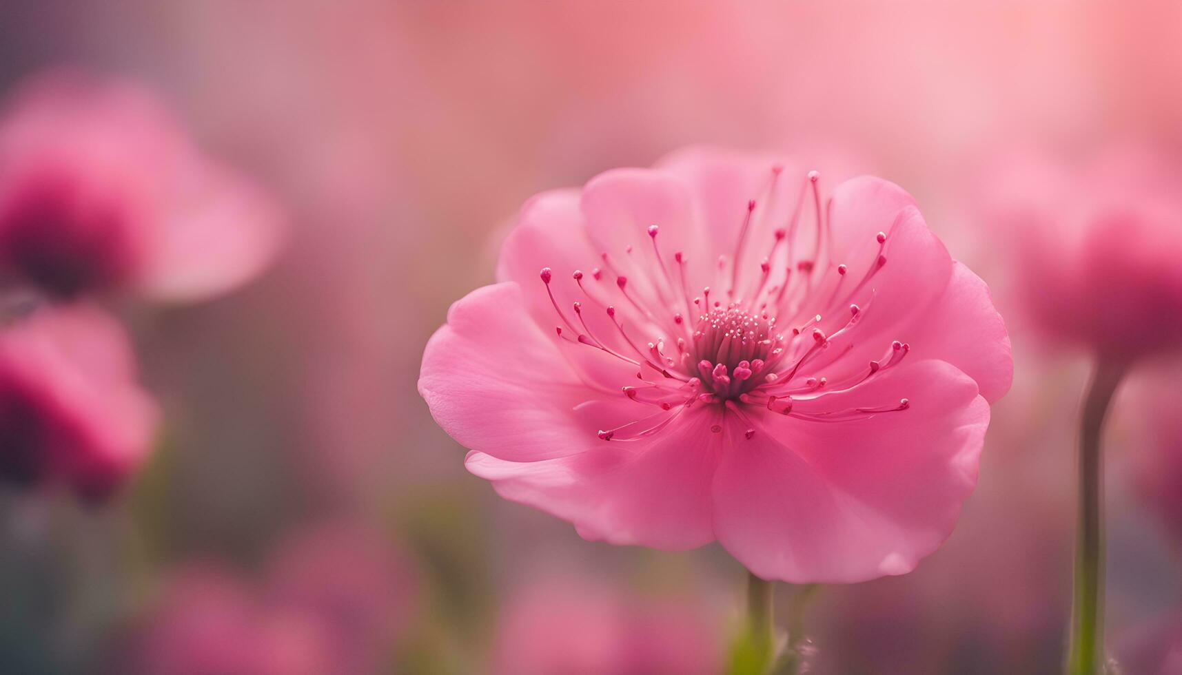 ai generado rosado flores en un campo con borroso antecedentes foto