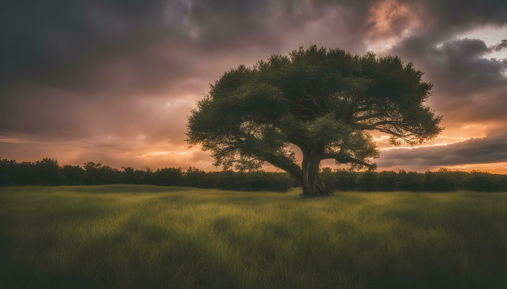 ai generado un solitario árbol soportes en un campo debajo un dramático cielo foto