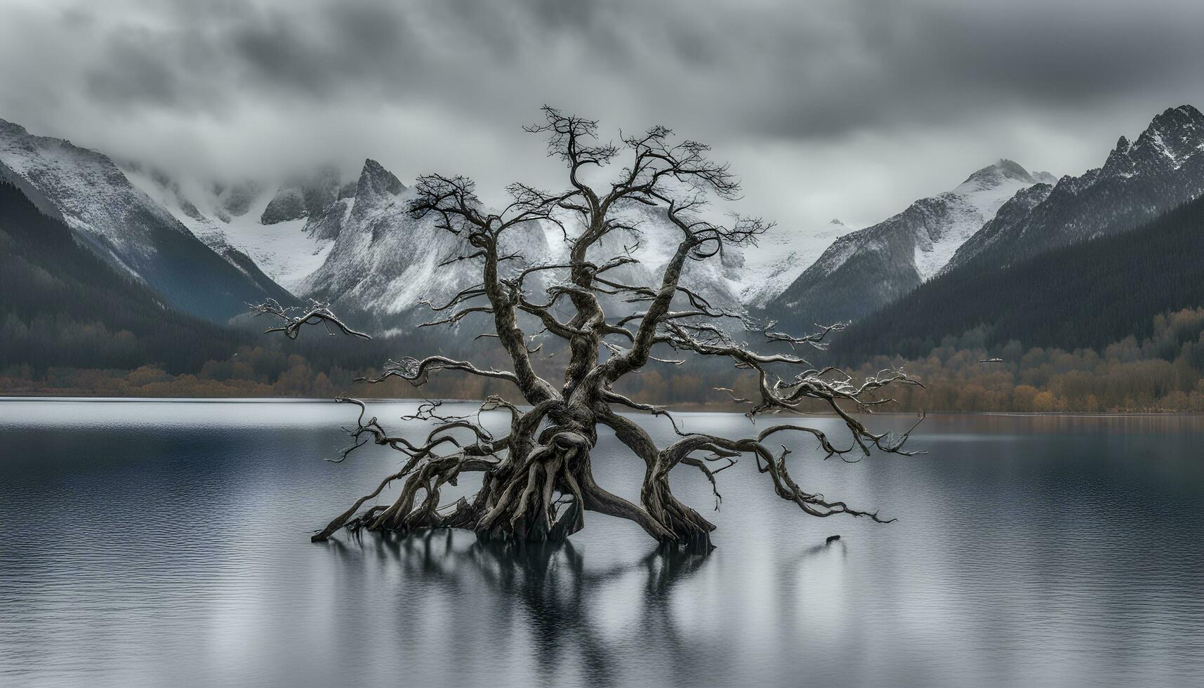 ai generado un muerto árbol en el medio de un lago foto