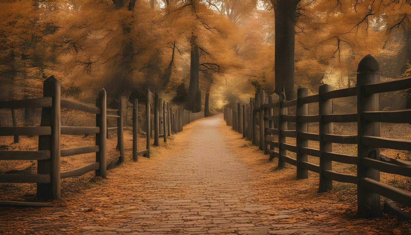 ai generado un camino en el bosque con un cerca y arboles foto