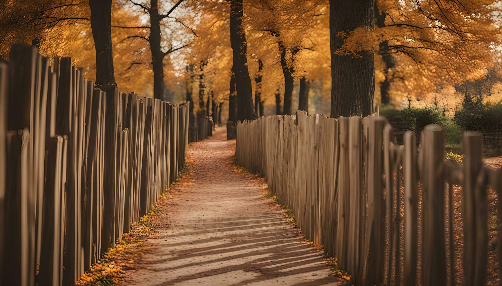 ai generado un camino en el bosque con un cerca y arboles foto