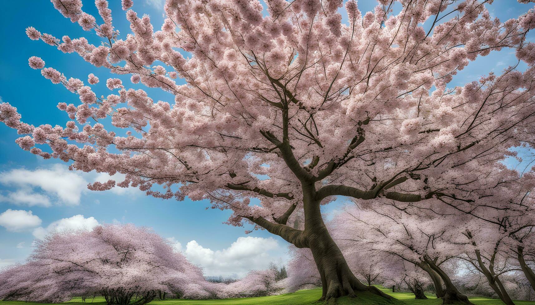AI generated cherry blossoms in bloom on a grassy field photo
