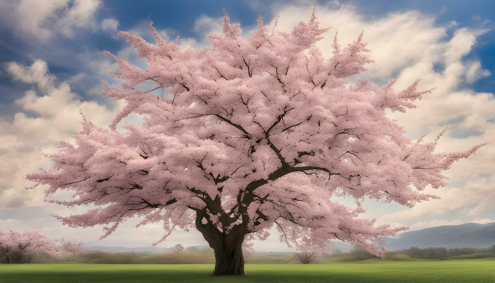 ai generado un grande rosado árbol en un campo con un azul cielo foto