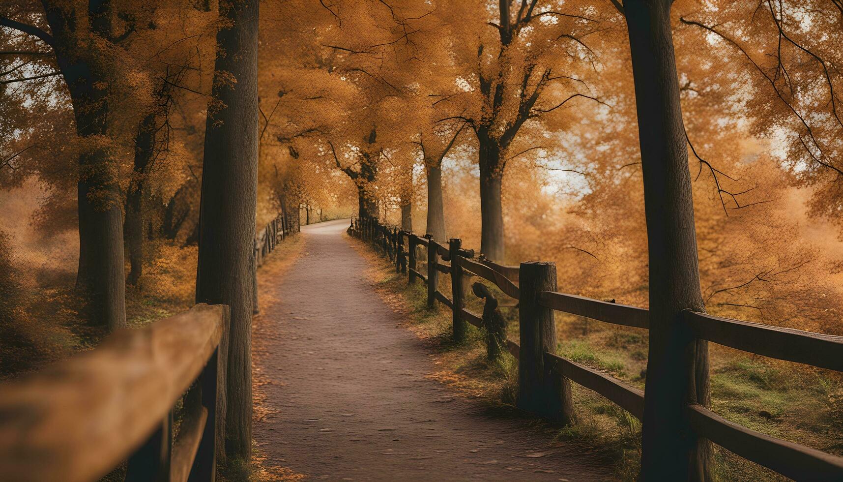 ai generado un camino mediante el bosque con arboles y un cerca foto