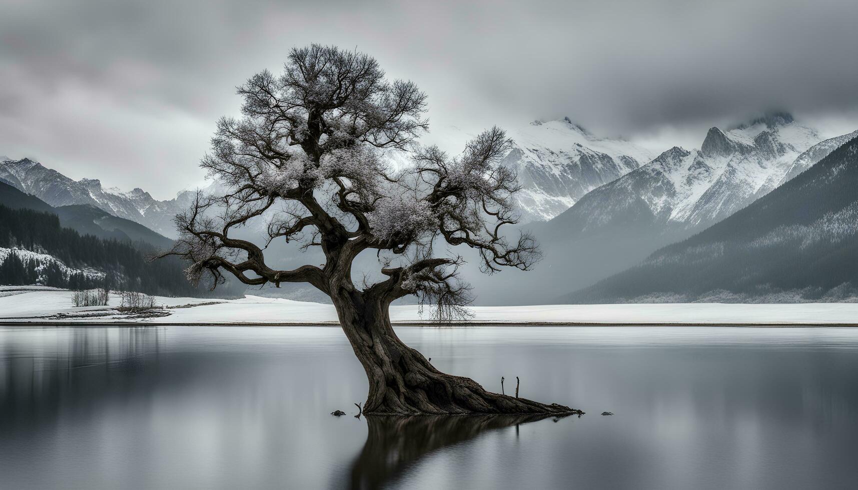 AI generated a lone tree in the middle of a lake photo