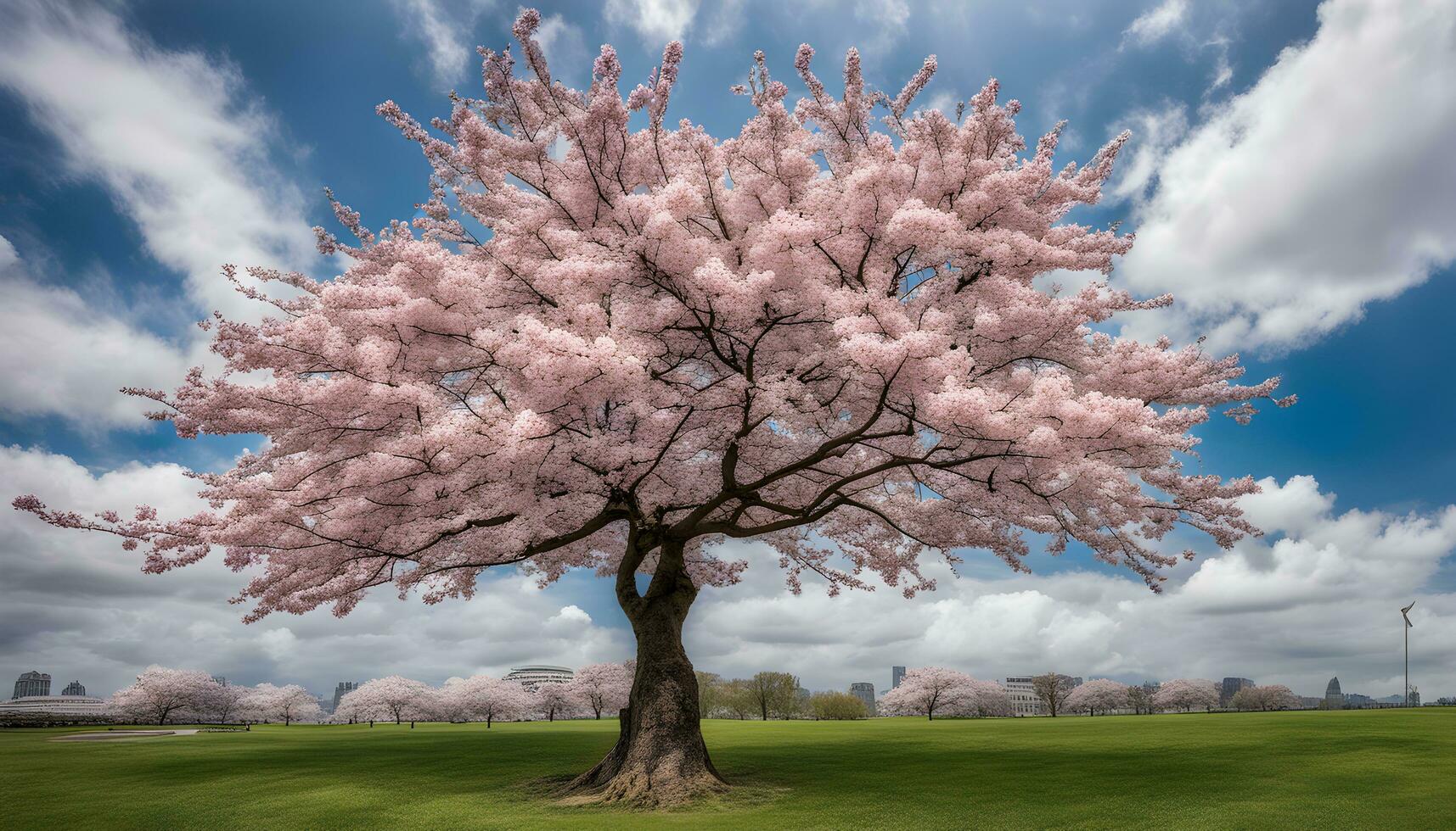 ai generado un grande rosado árbol en un campo con un azul cielo foto