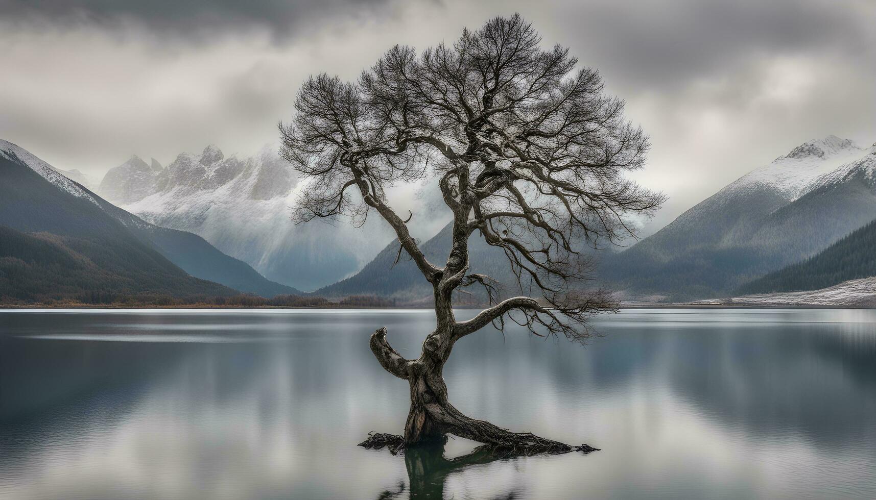 ai generado un solitario árbol soportes en el medio de un lago foto